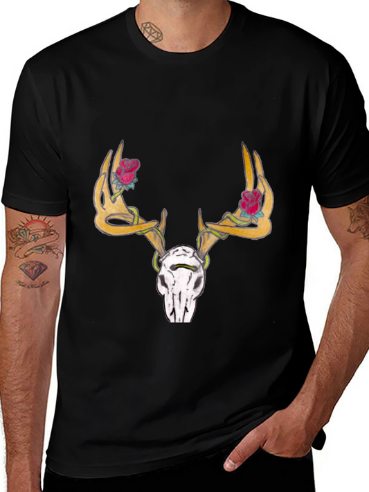 Deer Skull Rose Horn Graphic Tee - Black