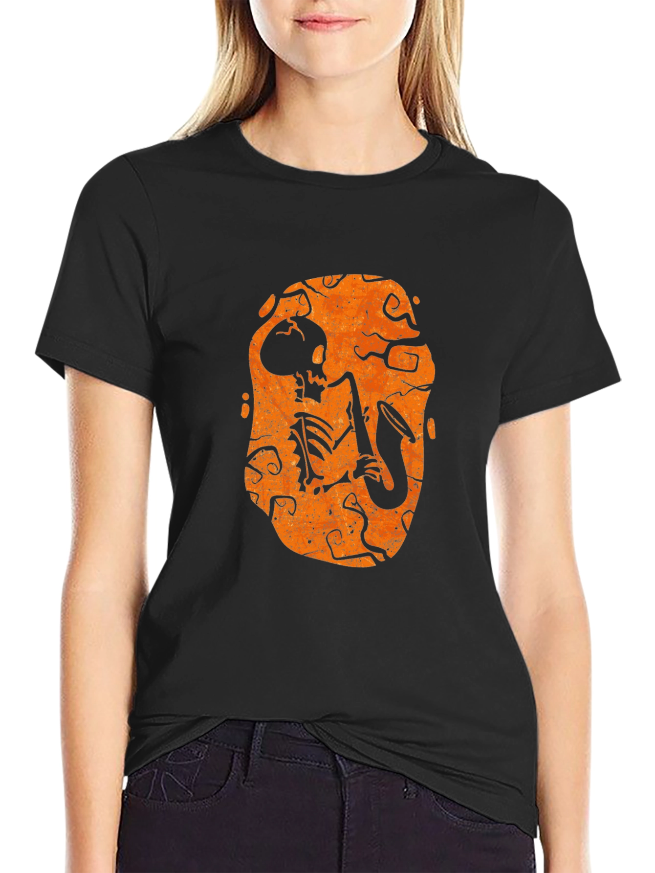 Skeleton Sax Player Halloween Graphic Tee