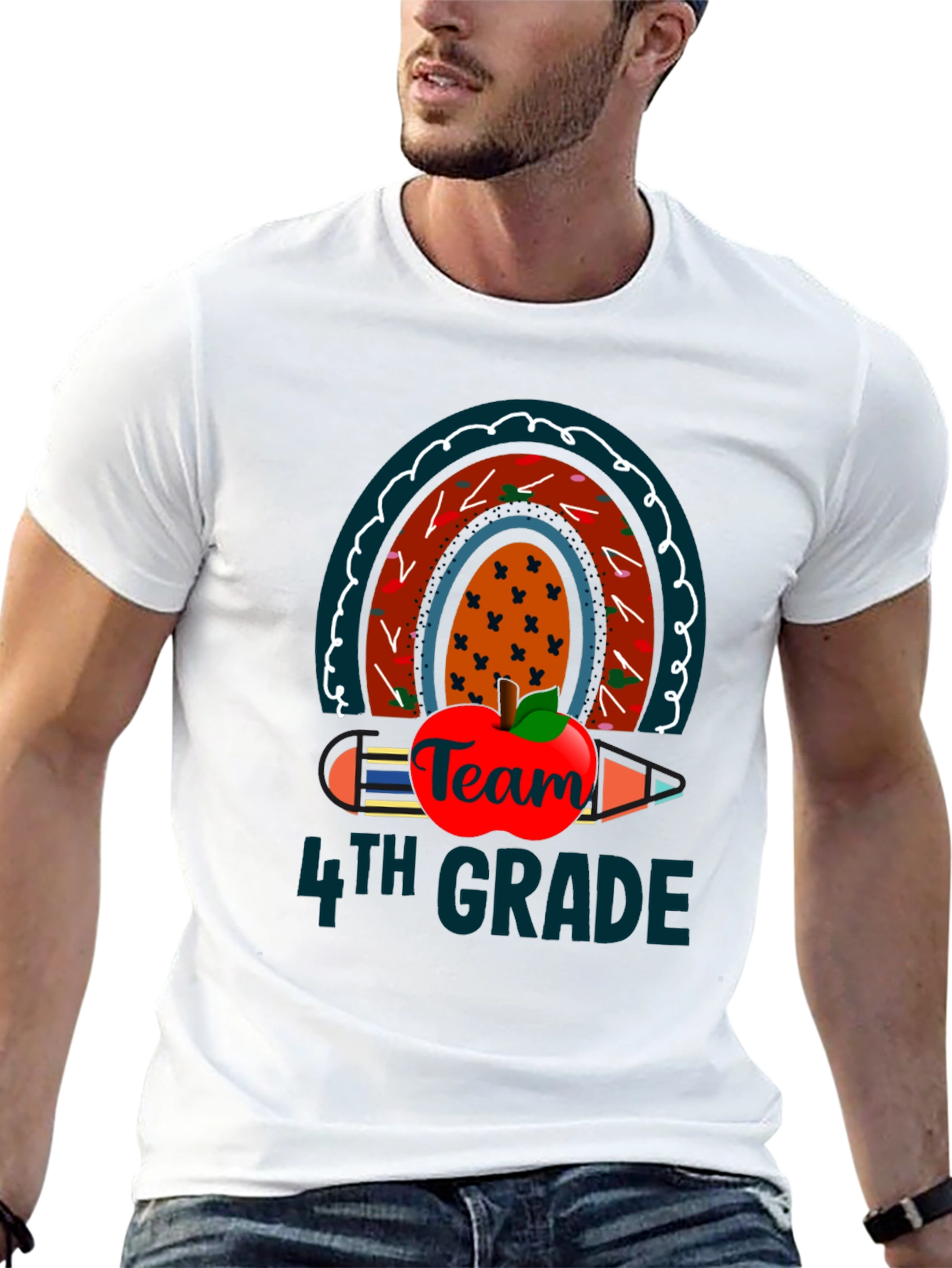 Team 4th Grade Teacher T-Shirt Rainbow Apple Pencil