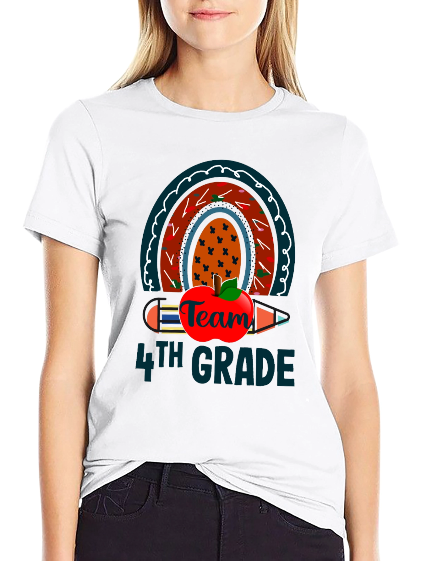 Team 4th Grade Teacher T-Shirt Rainbow Apple Pencil