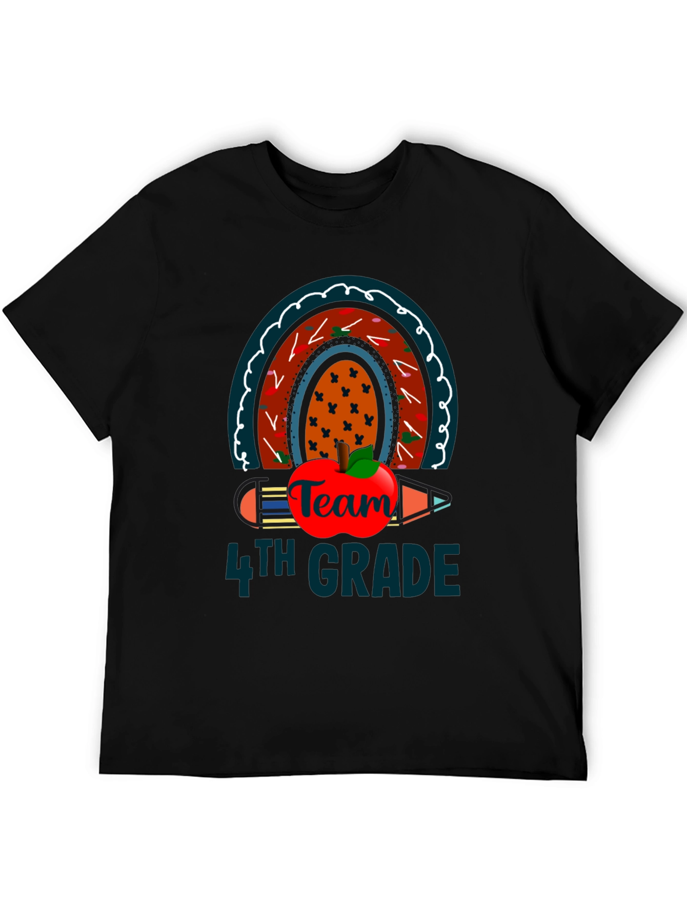 Team 4th Grade Teacher T-Shirt Rainbow Apple Pencil