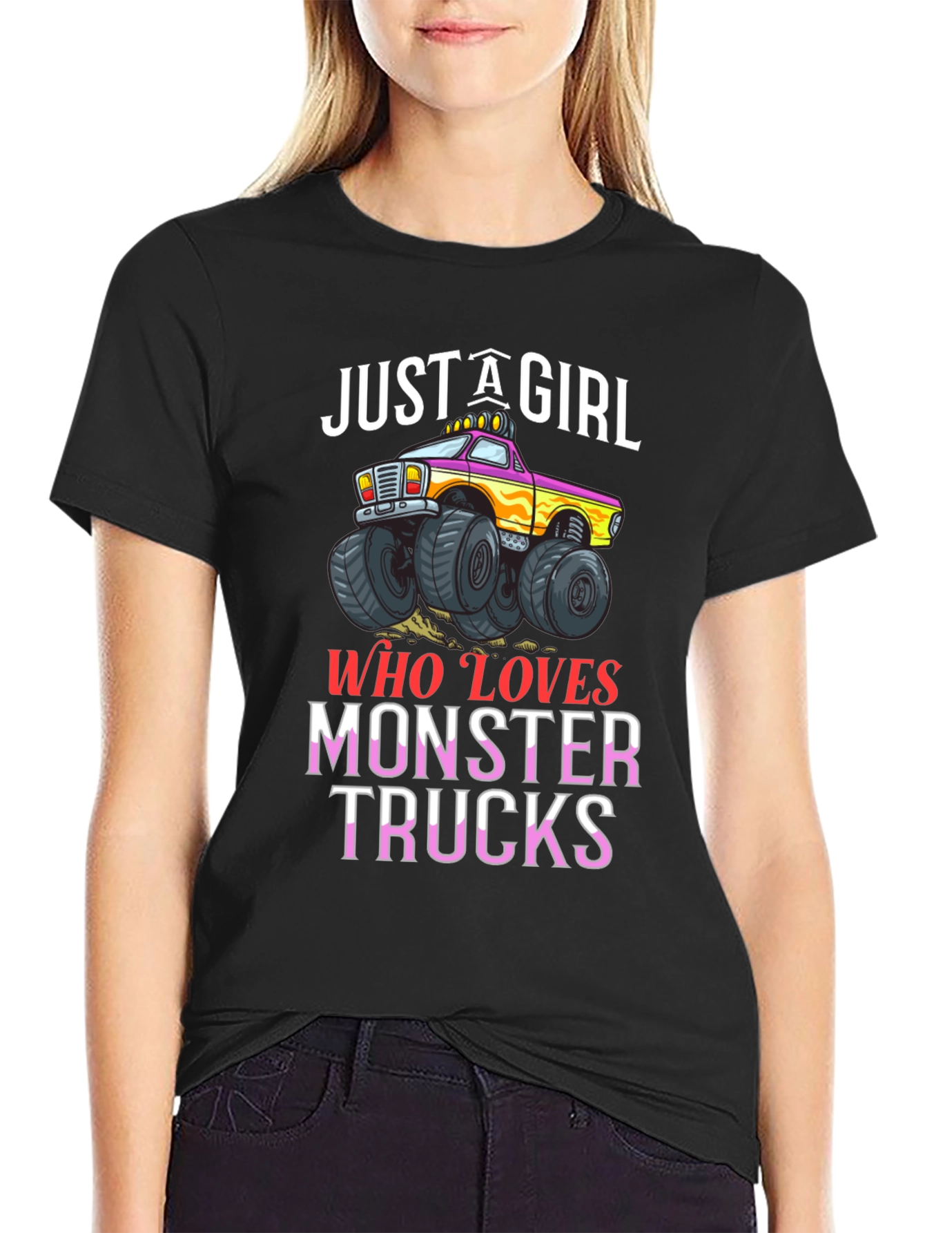 Just A Girl Who Loves Monster Trucks Black T-Shirt