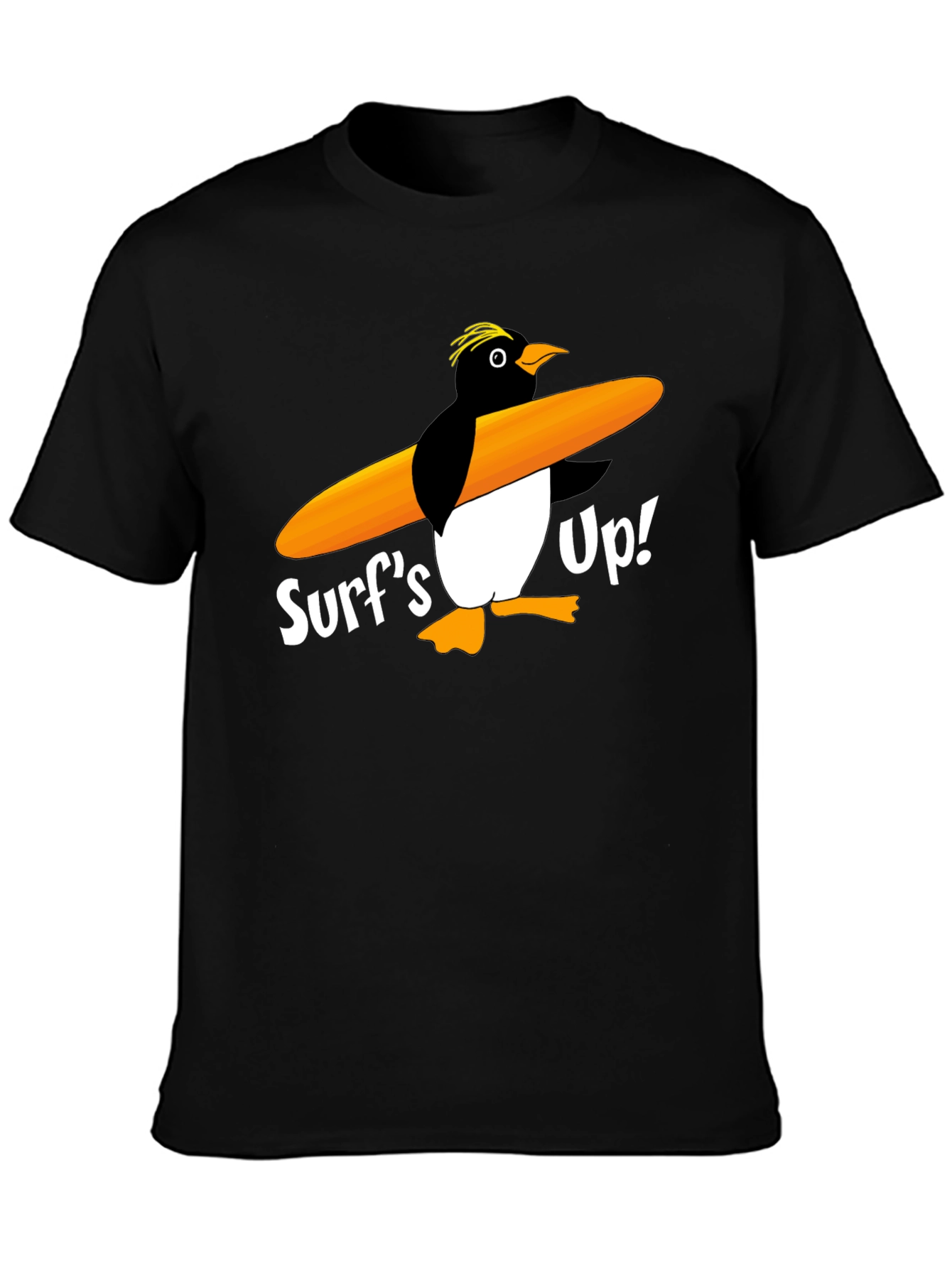 Surfs Up Penguin Graphic Tee - Black Cotton T-Shirt