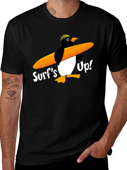Surfs Up Penguin Graphic Tee - Black Cotton T-Shirt