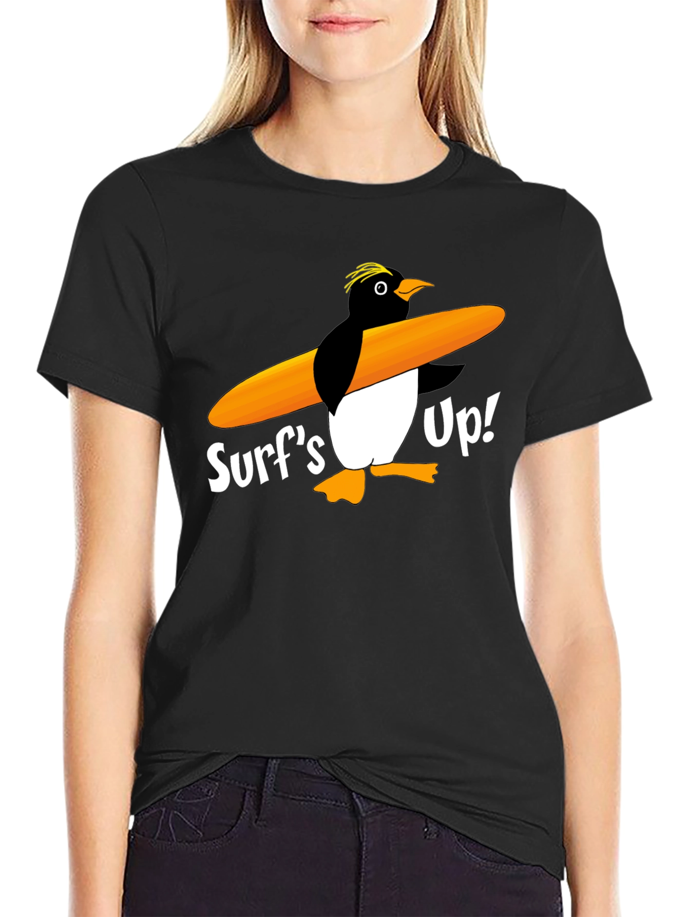Surfs Up Penguin Graphic Tee - Black Cotton T-Shirt