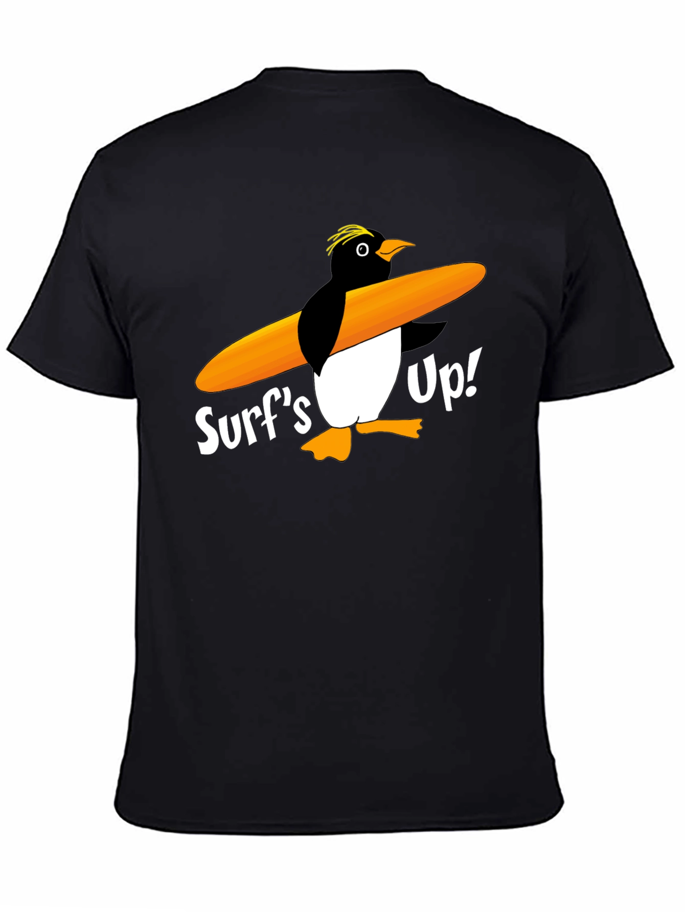 Surfs Up Penguin Graphic Tee - Black Cotton T-Shirt