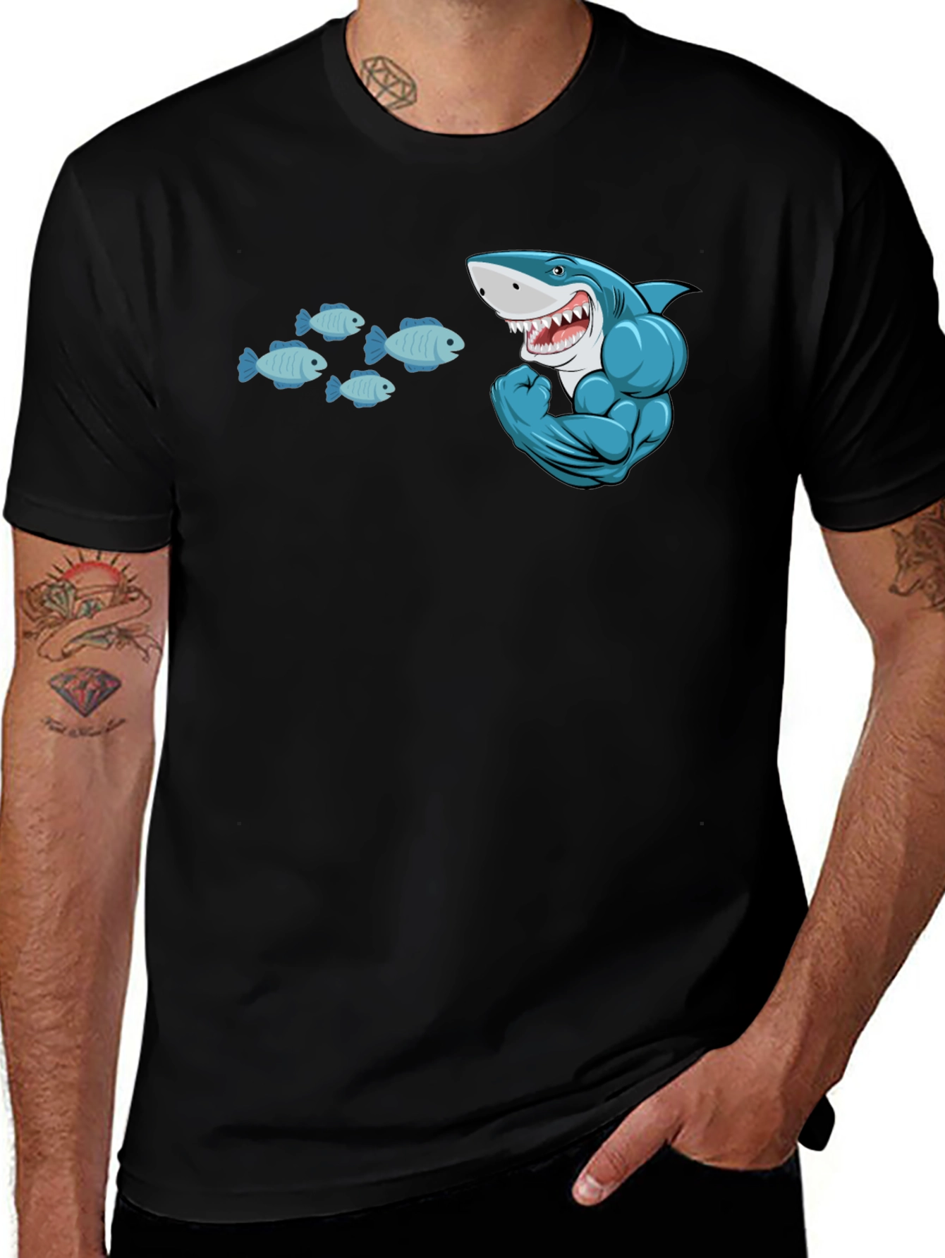 Shark and Fish Graphic T-Shirt - Muscle Shark