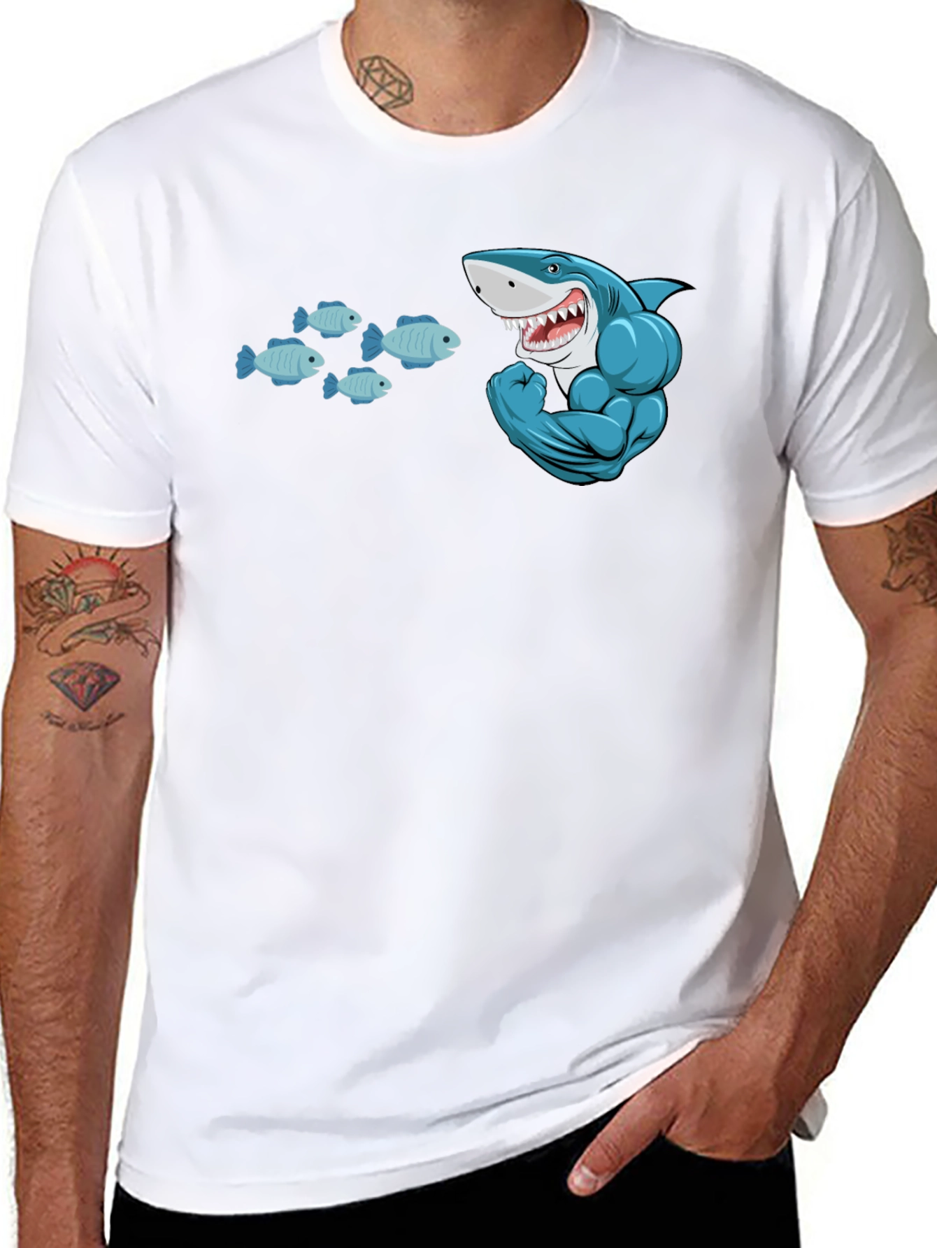 Shark and Fish Graphic T-Shirt - Muscle Shark