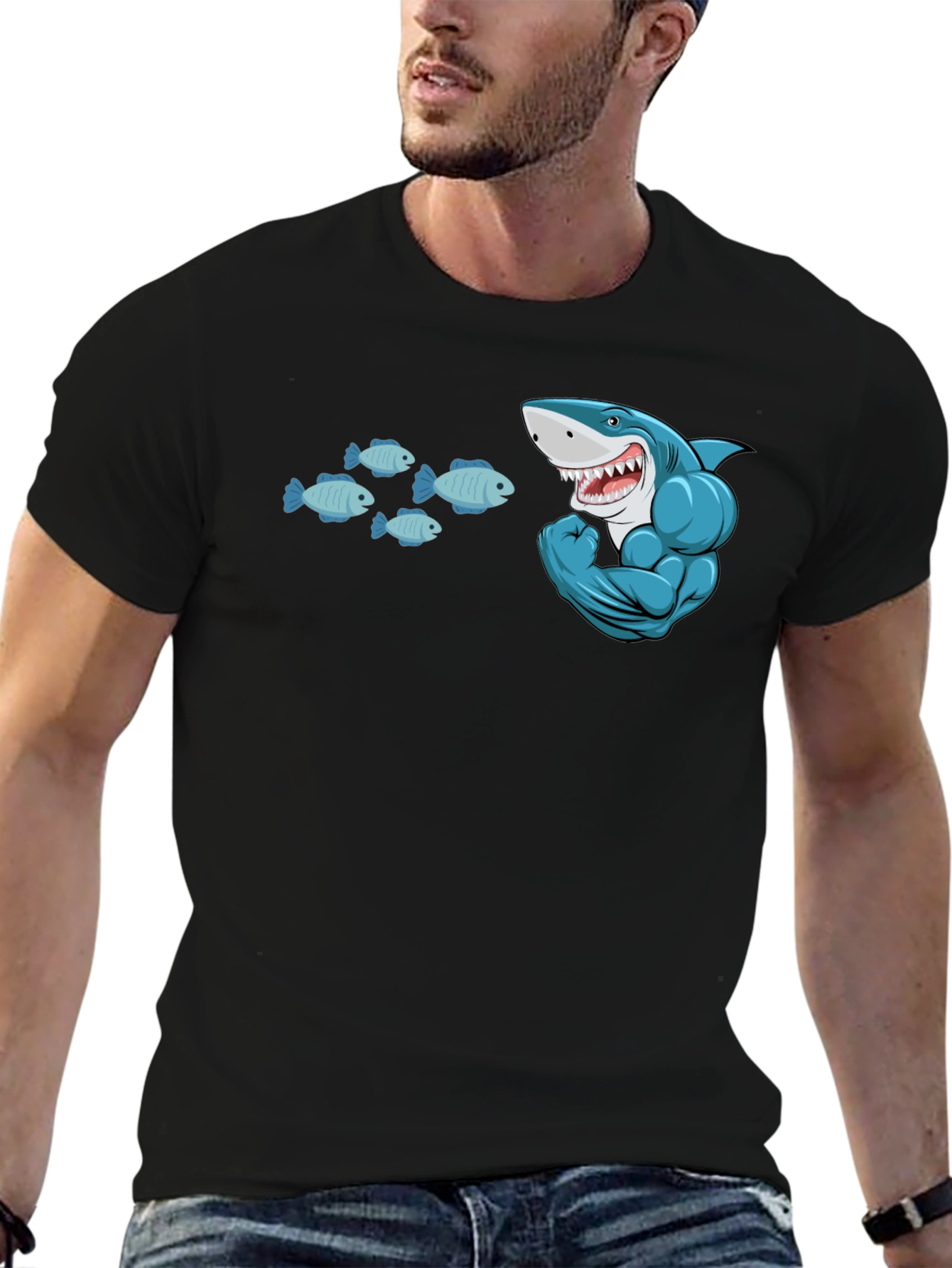 Shark and Fish Graphic T-Shirt - Muscle Shark