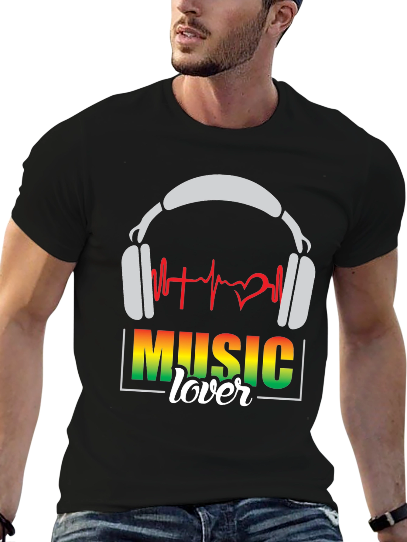 Music Lover T-Shirt - Headphones & Heartbeat Design