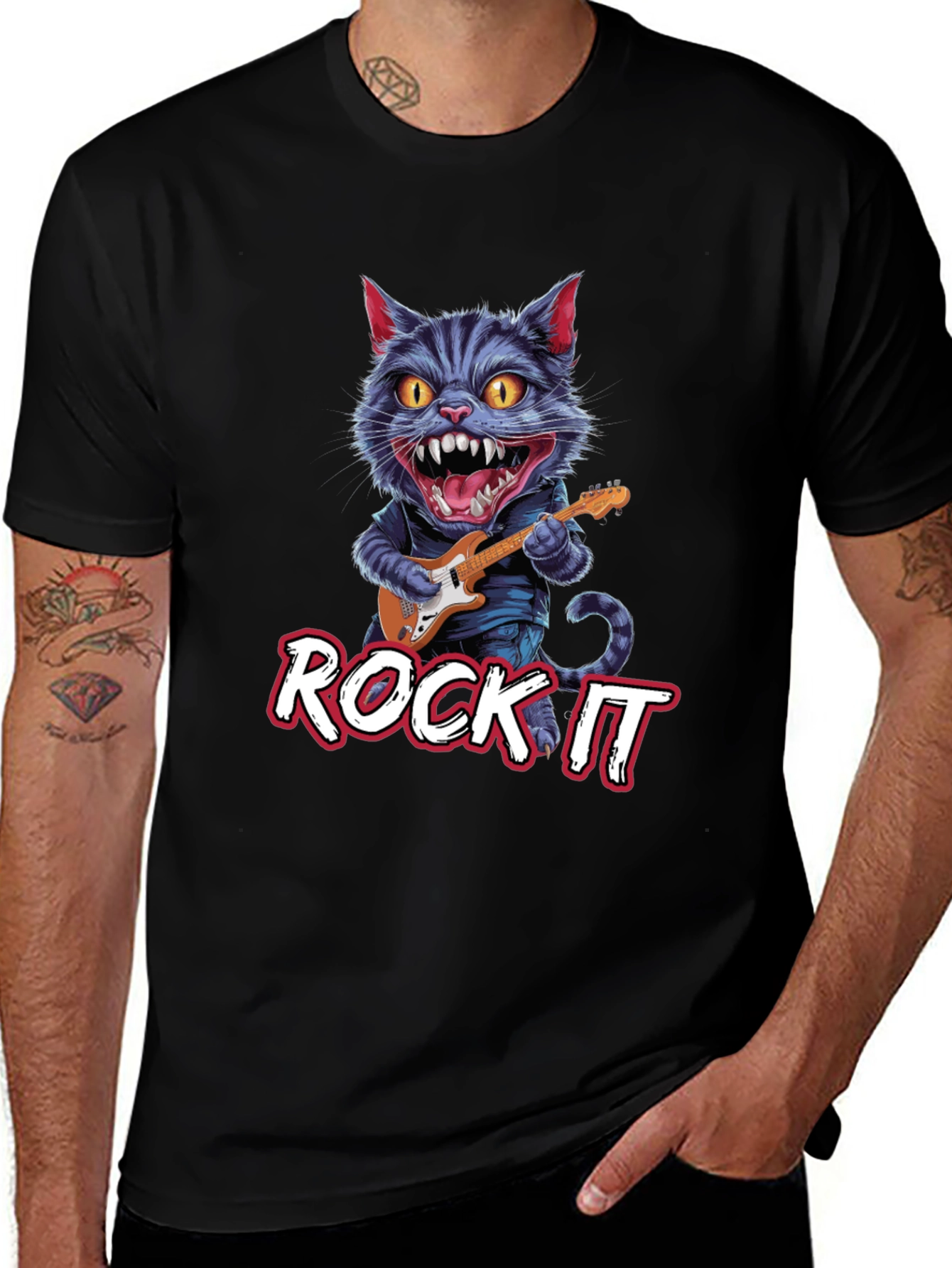 Rock It Cat Graphic Tee - Black