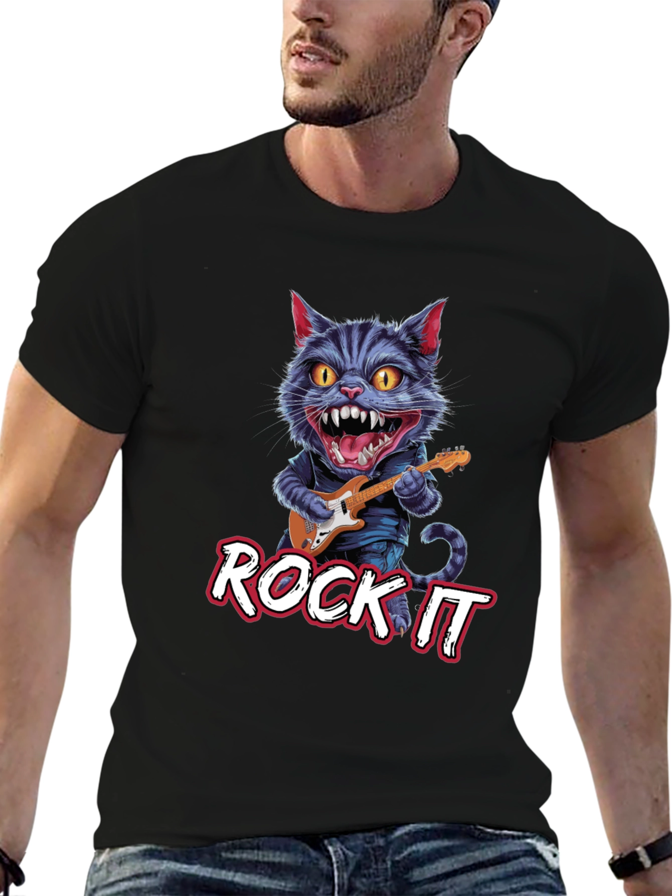Rock It Cat Graphic Tee - Black