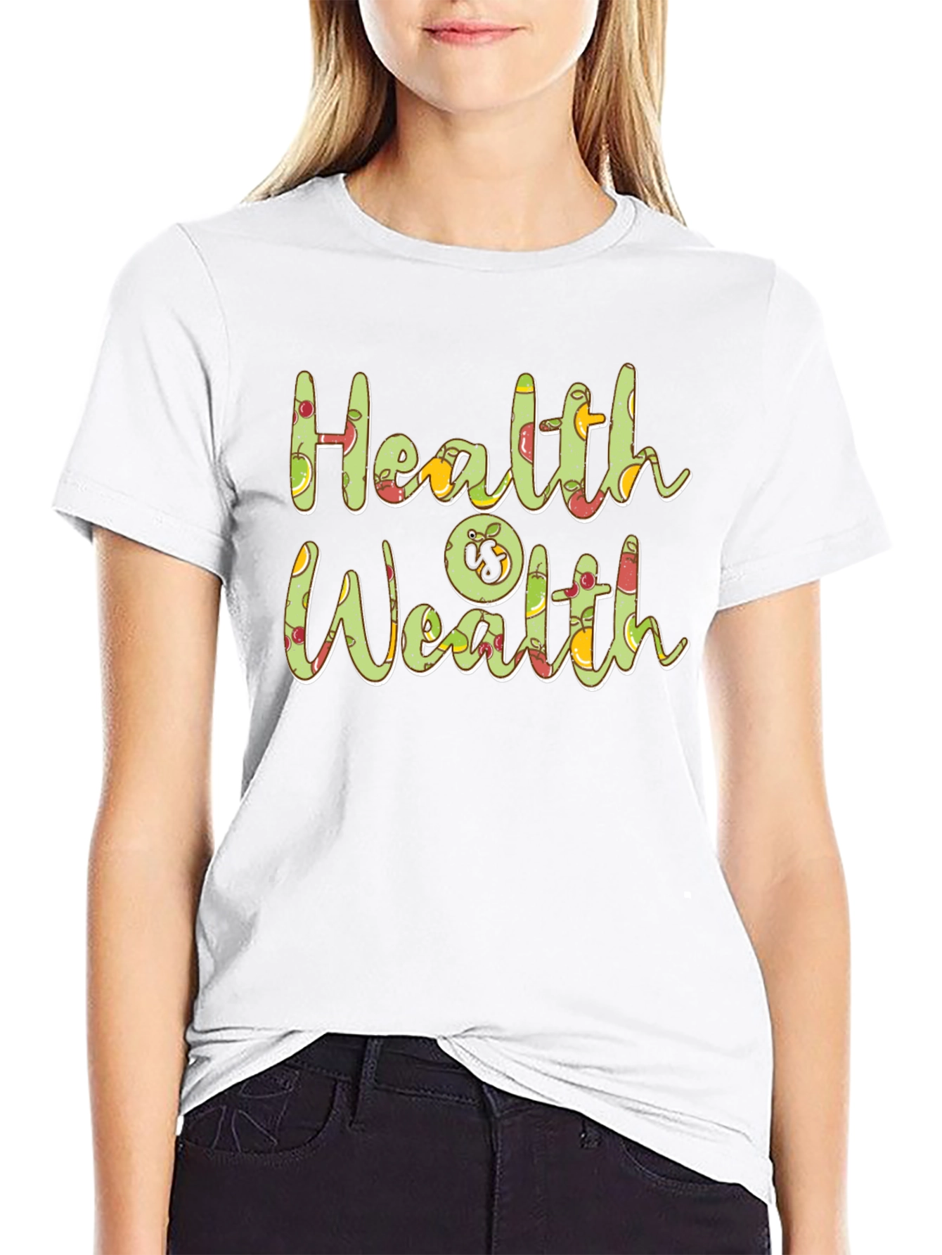 Health is Wealth Fruit Graphic Black T-Shirt