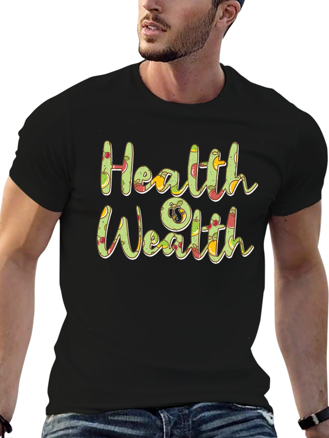 Health is Wealth Fruit Graphic Black T-Shirt