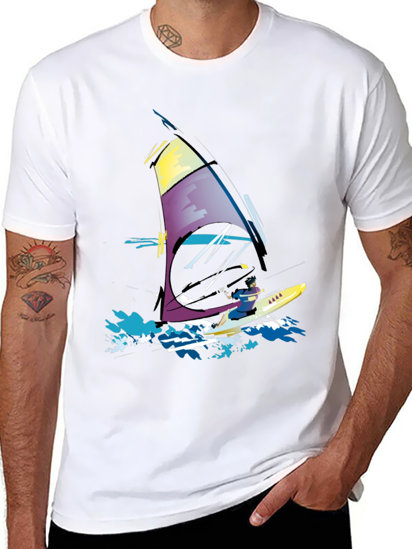 Windsurfing Graphic Tee - Black Cotton T-Shirt