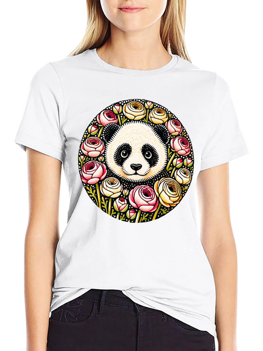Panda & Floral Wreath Black T-Shirt