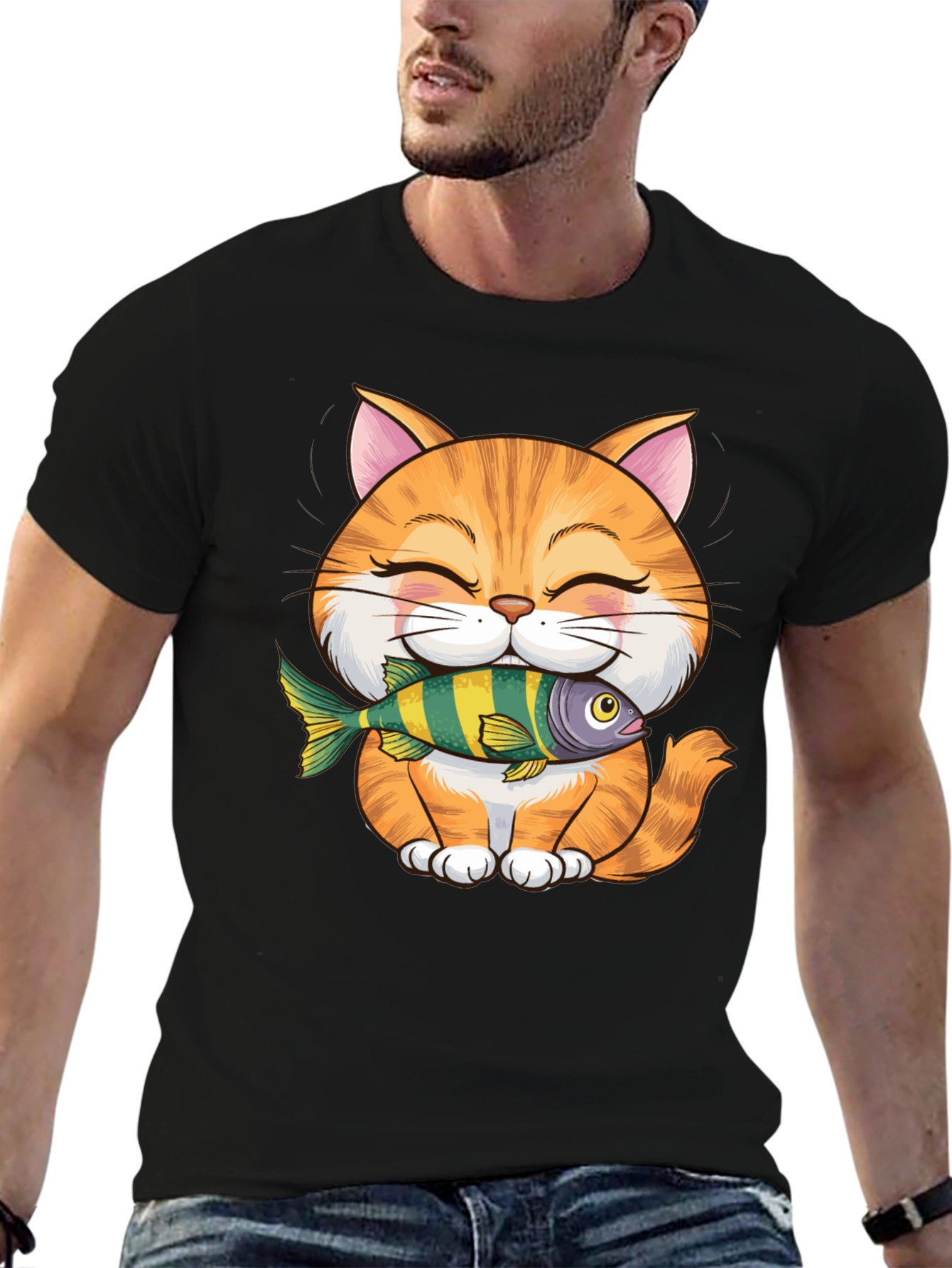 Cute Cat with Fish Graphic T-Shirt