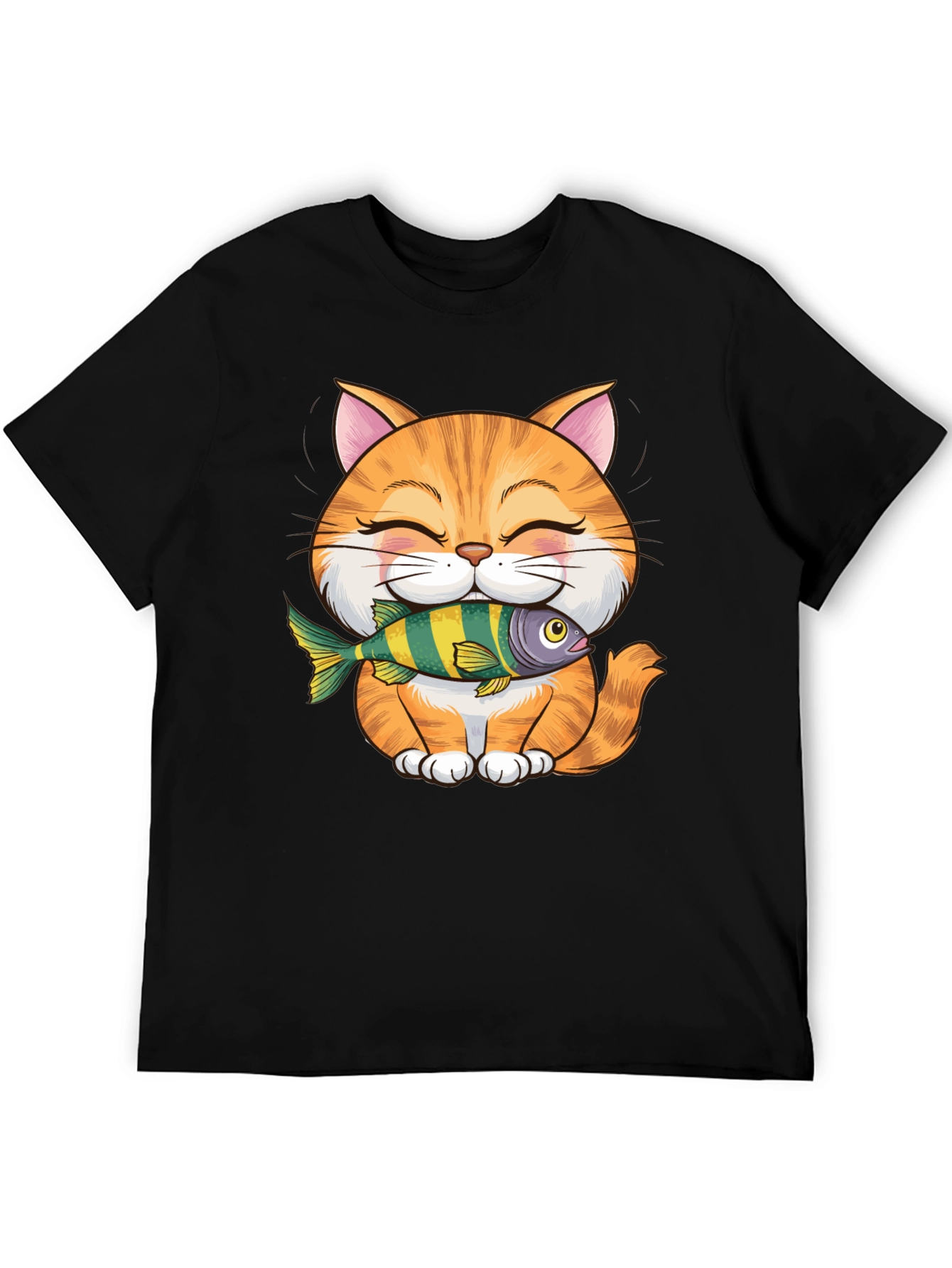 Cute Cat with Fish Graphic T-Shirt