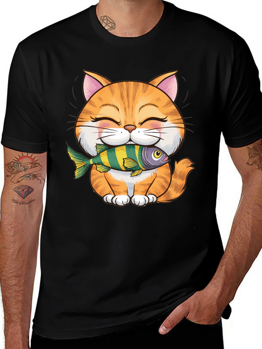 Cute Cat with Fish Graphic T-Shirt