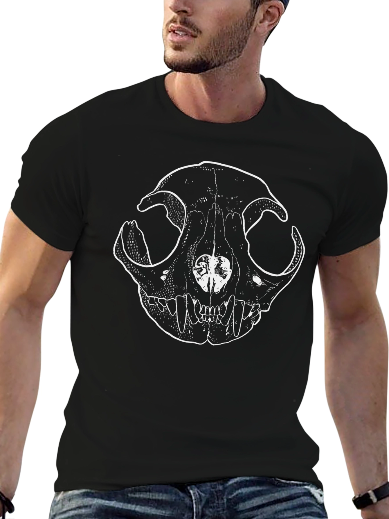 Cat Skull Graphic Tee - Black Crewneck T-Shirt