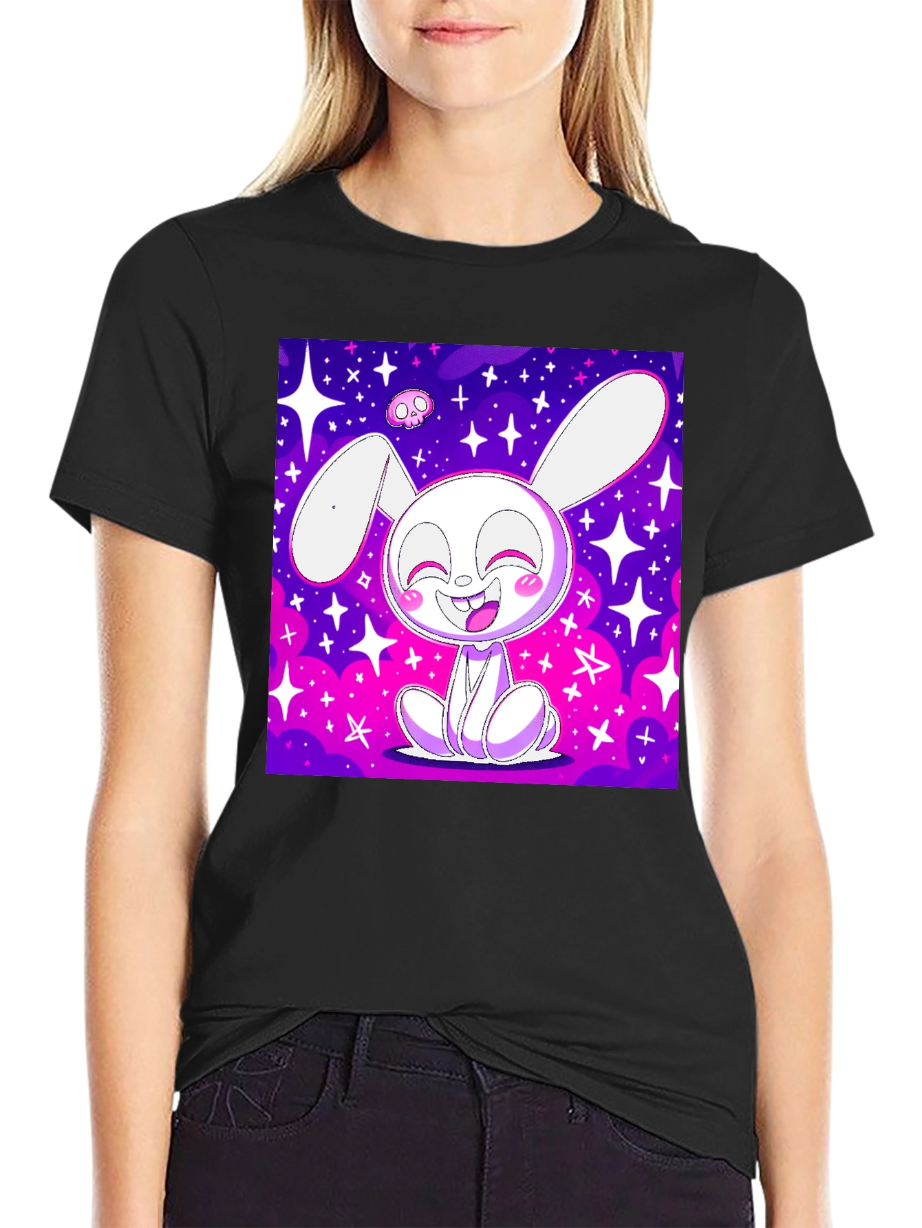 Cute Bunny Graphic Tee - Black