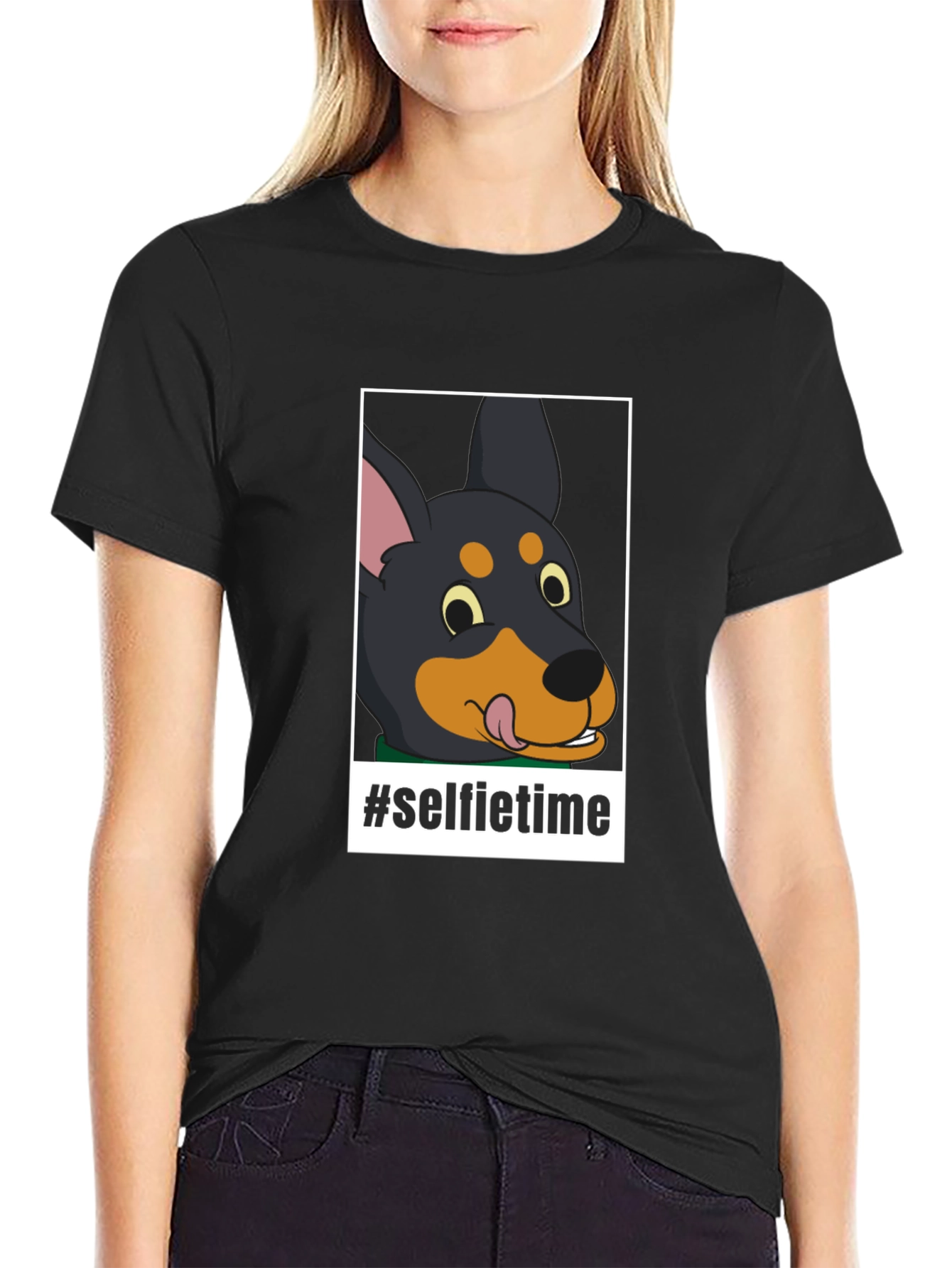 Cartoon Dog Selfie Time Black T-Shirt