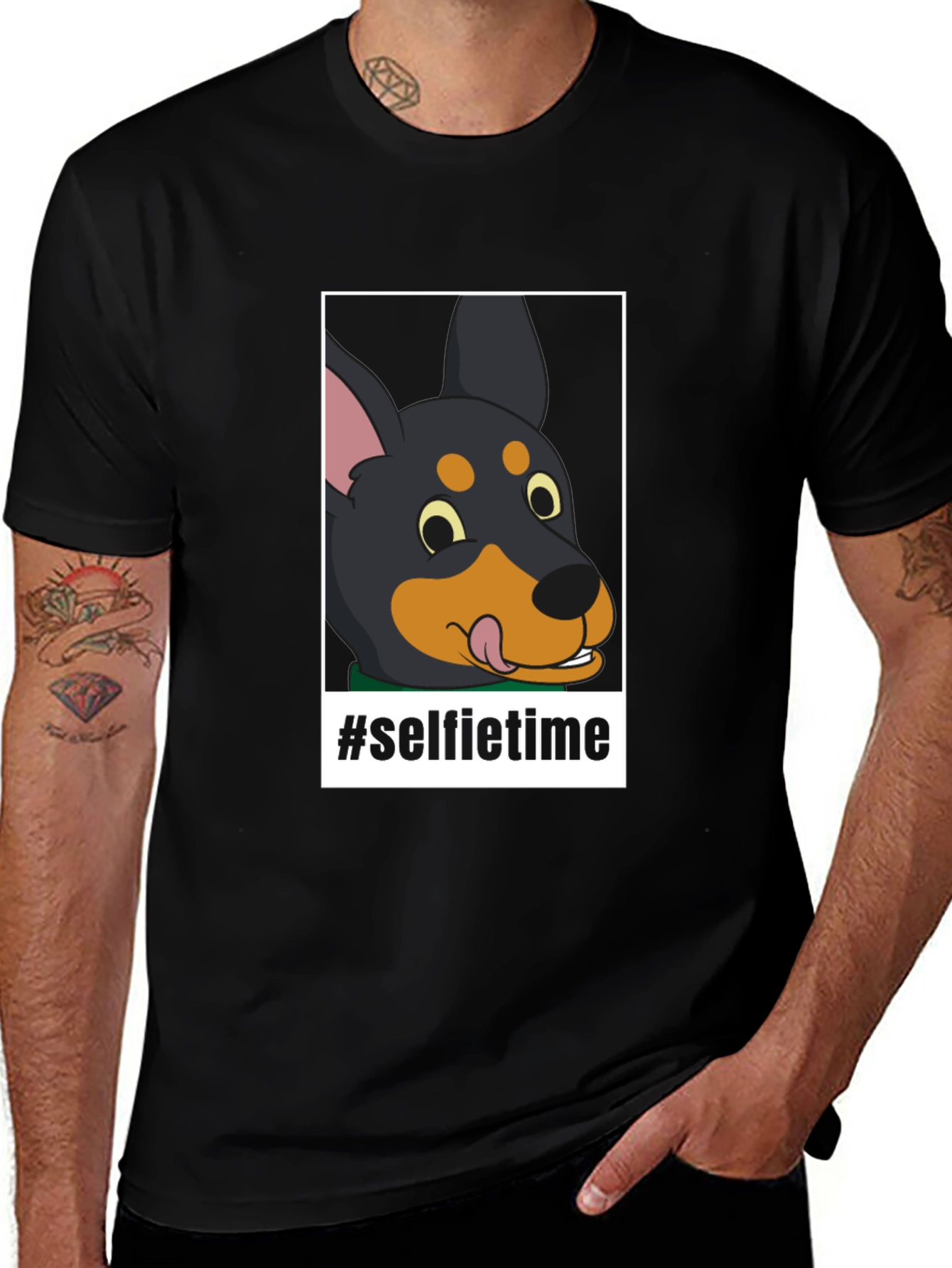 Cartoon Dog Selfie Time Black T-Shirt