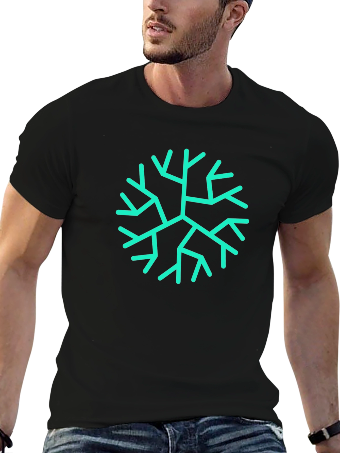 Mens Black Tee with Teal Geometric Branch Print