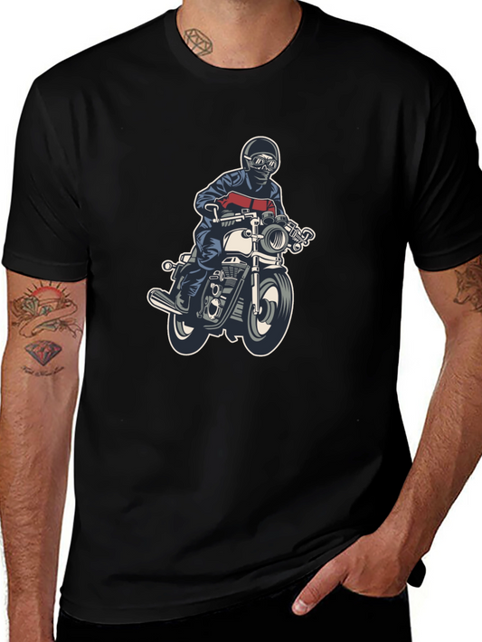 Motorcycle Rider Graphic Tee - Black Cotton T-Shirt