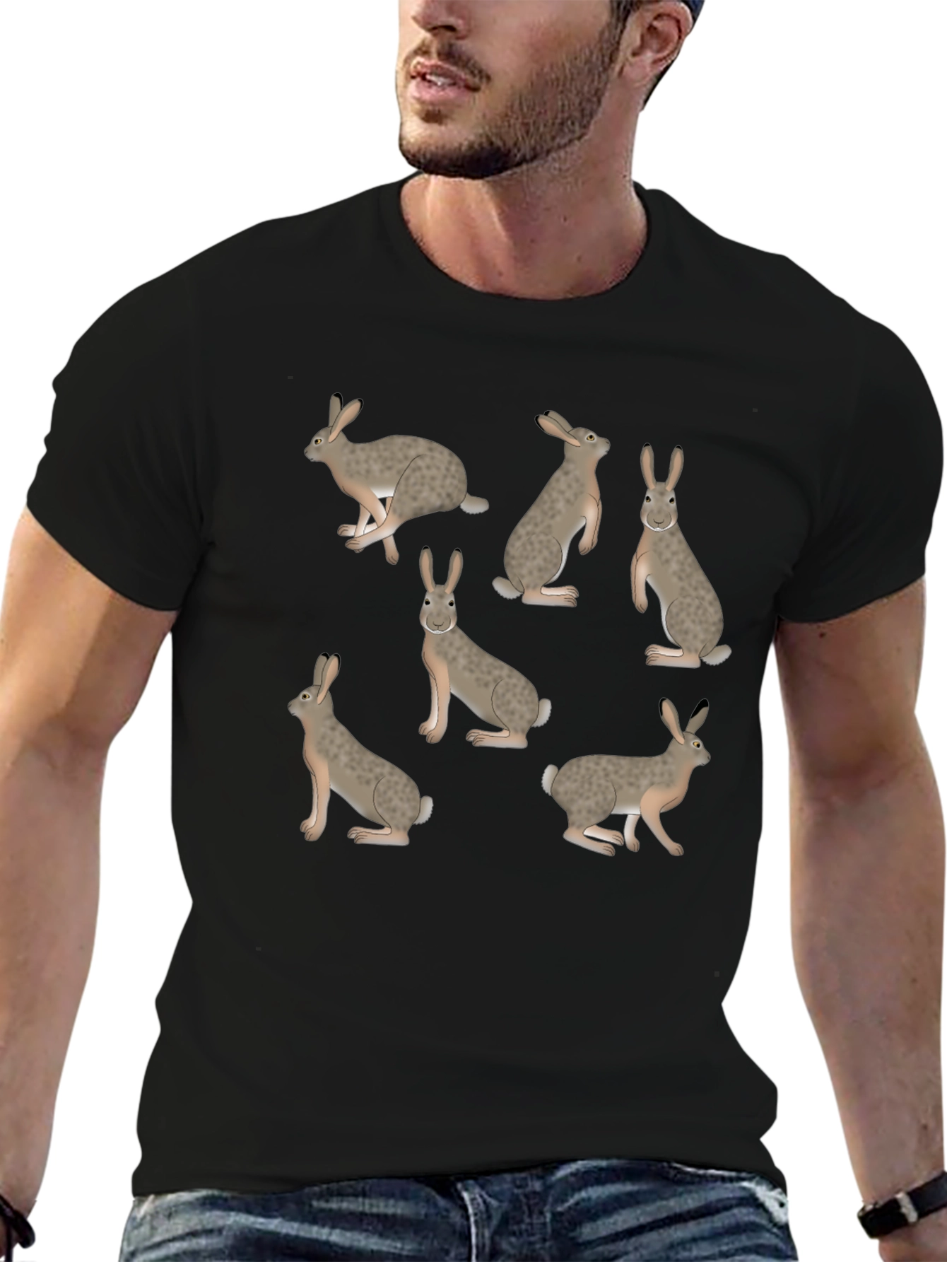 Rabbit Print T-Shirt - Black Crew Neck Tee
