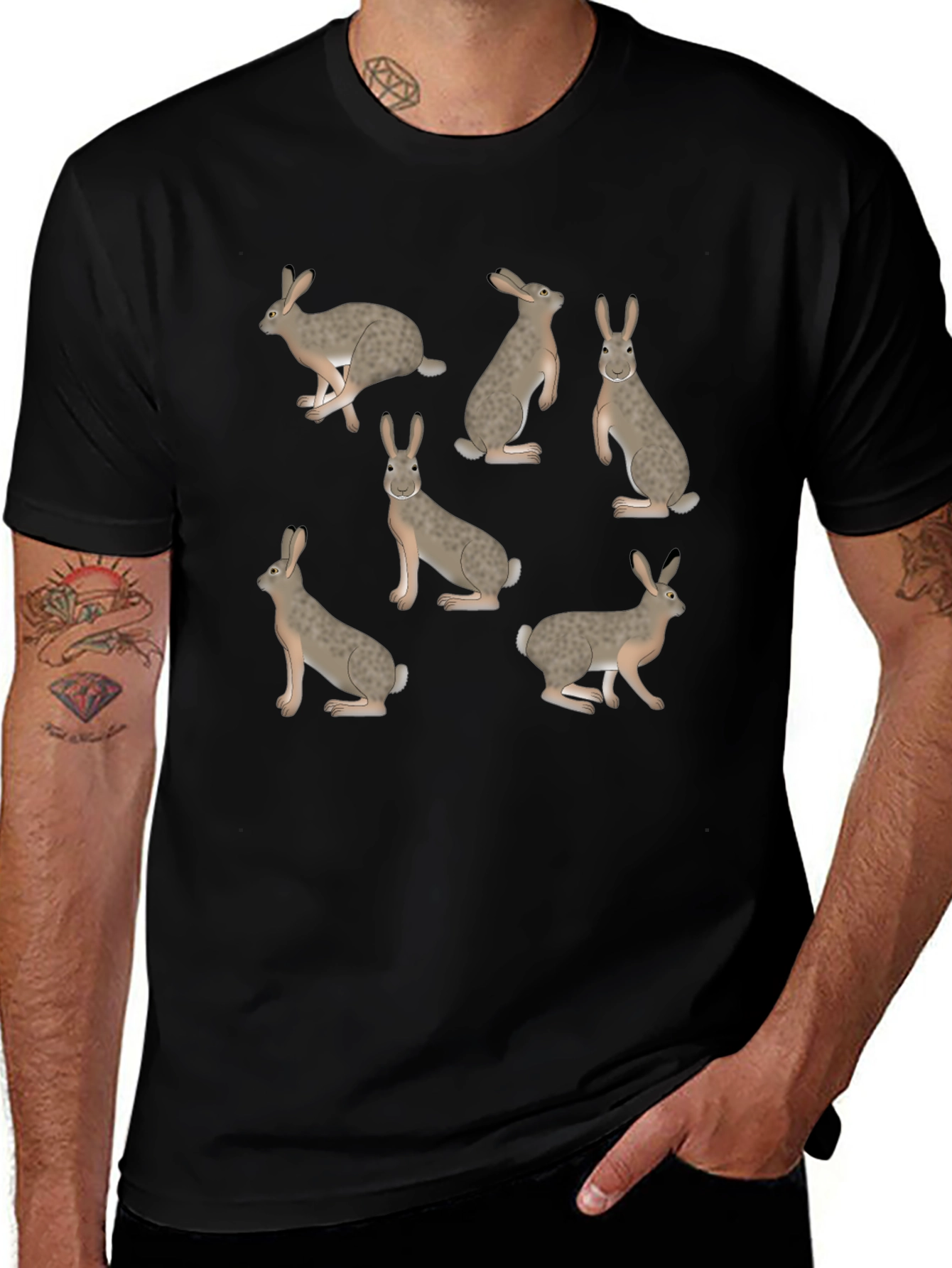 Rabbit Print T-Shirt - Black Crew Neck Tee