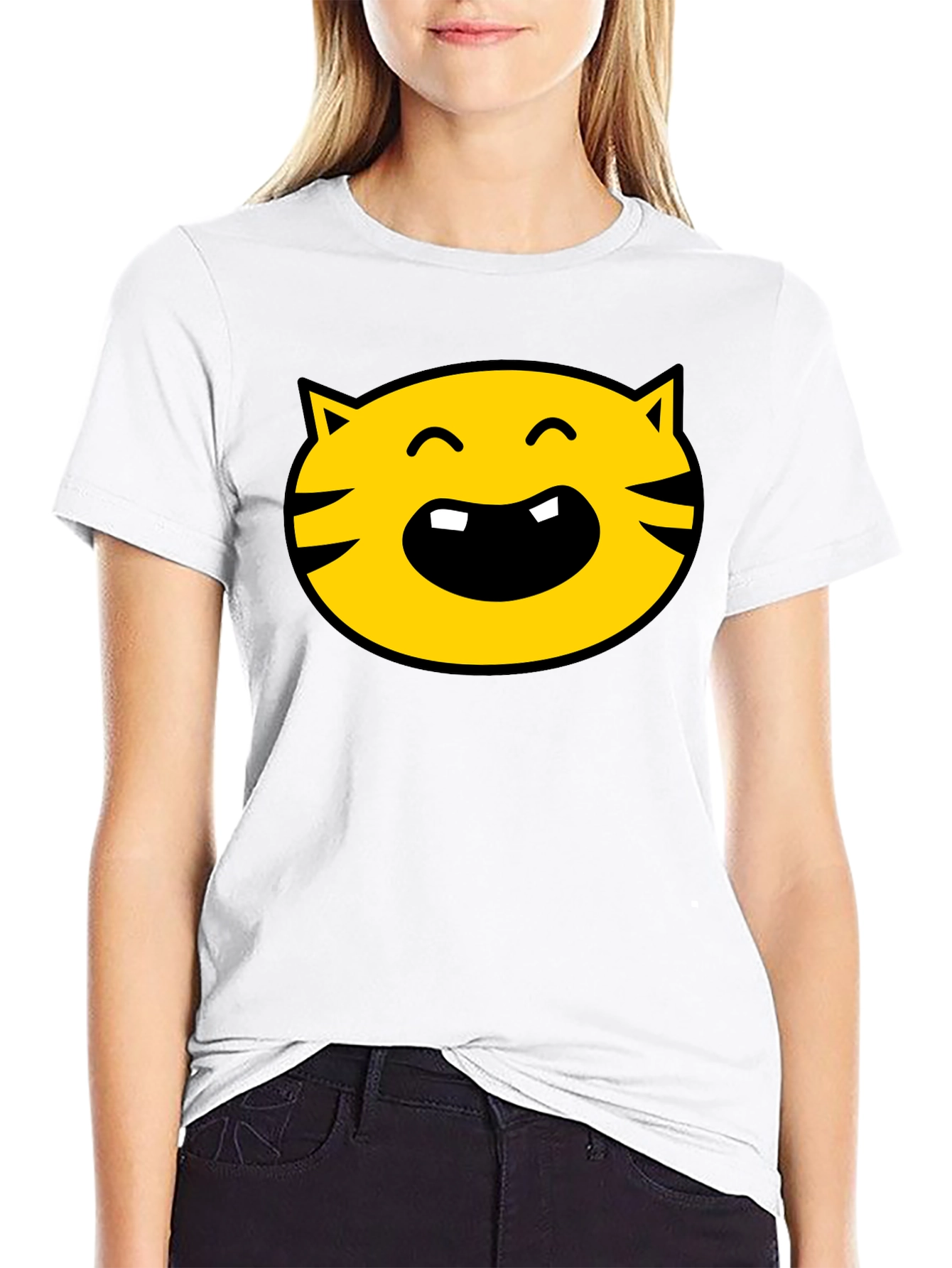 Cartoon Cat Face Graphic Tee - Black