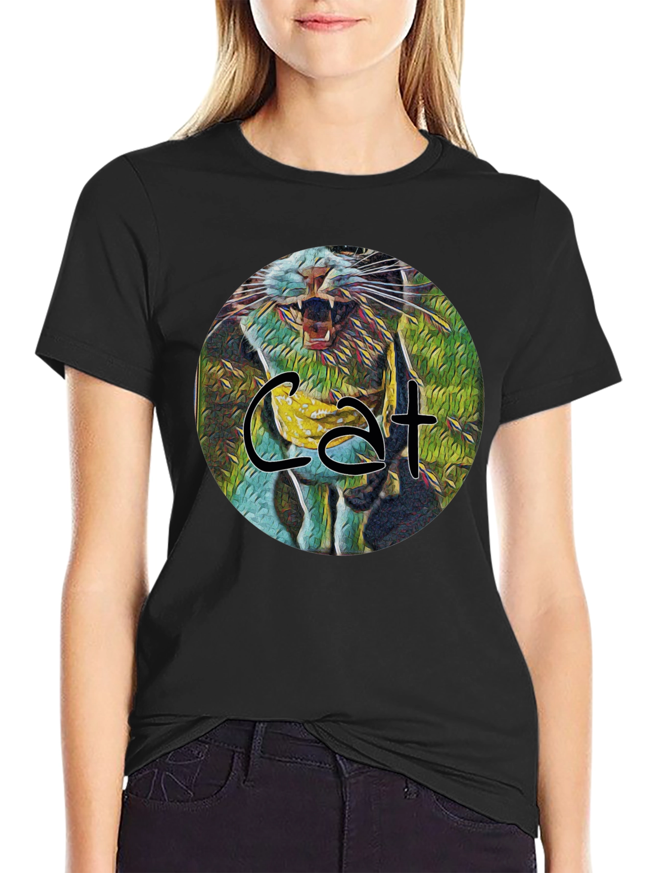 Cat Graphic Print Black Tee