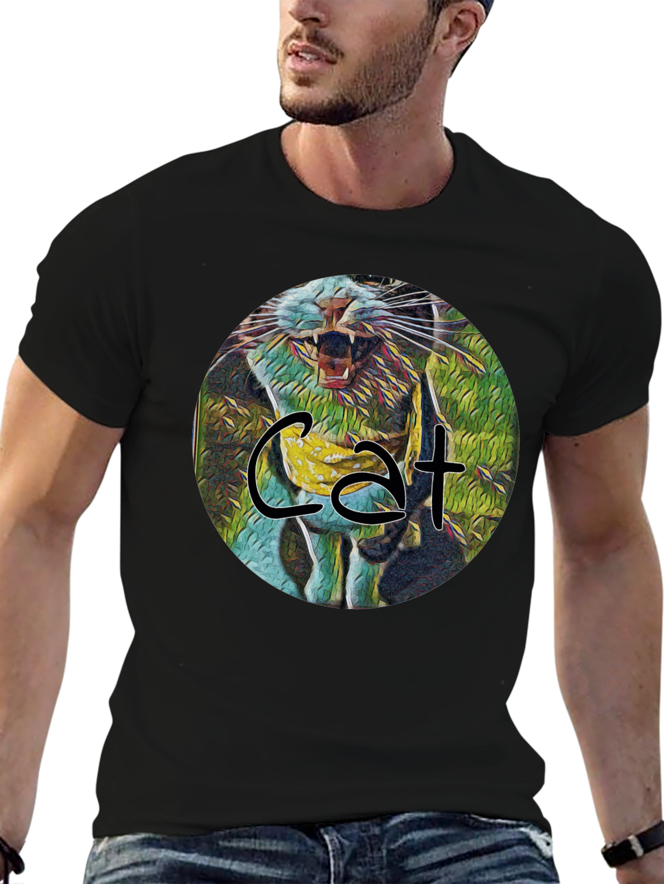 Cat Graphic Print Black Tee
