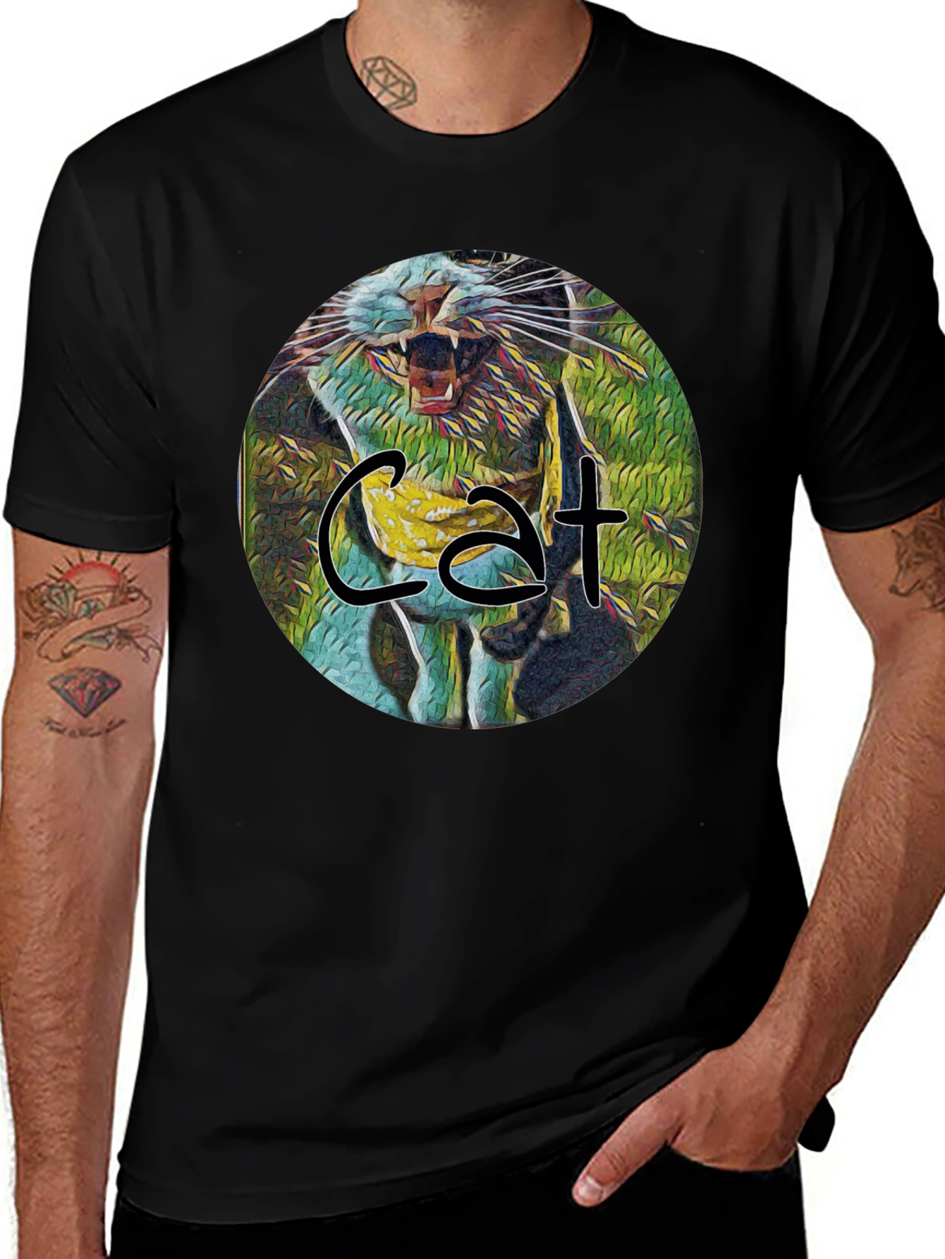 Cat Graphic Print Black Tee