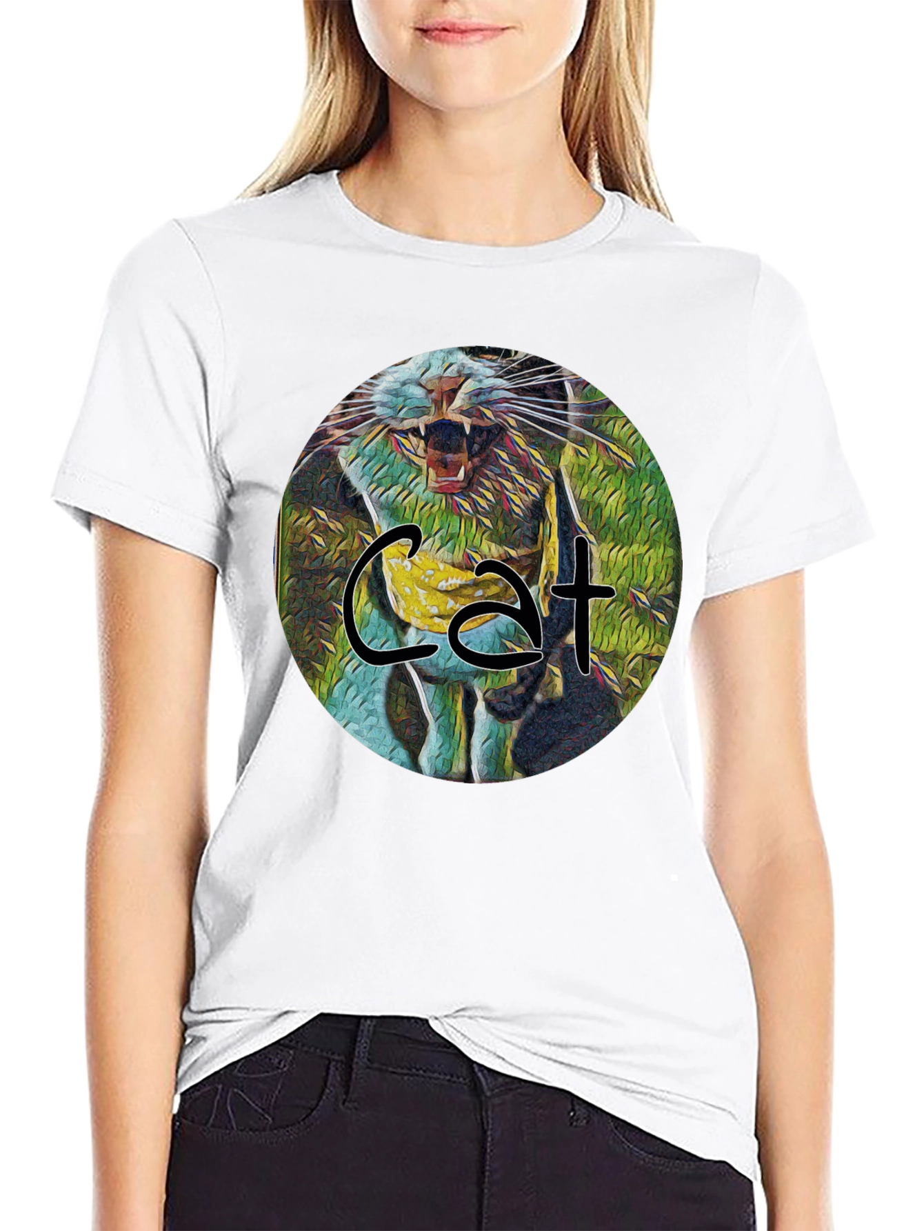 Cat Graphic Print Black Tee