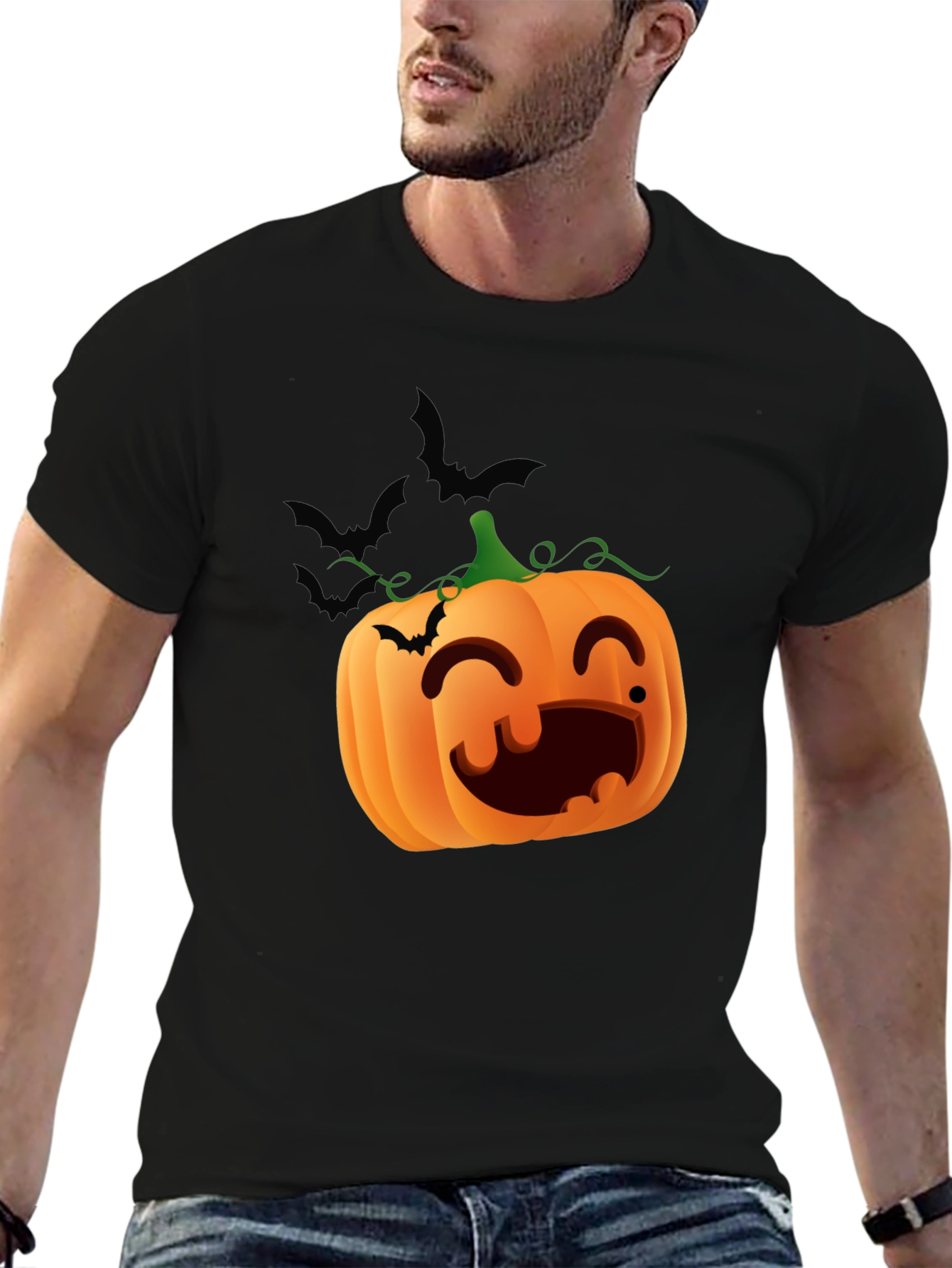 Halloween Pumpkin Bats Graphic Black T-Shirt