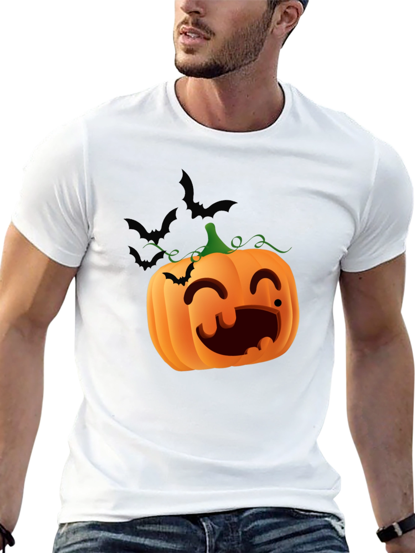 Halloween Pumpkin Bats Graphic Black T-Shirt