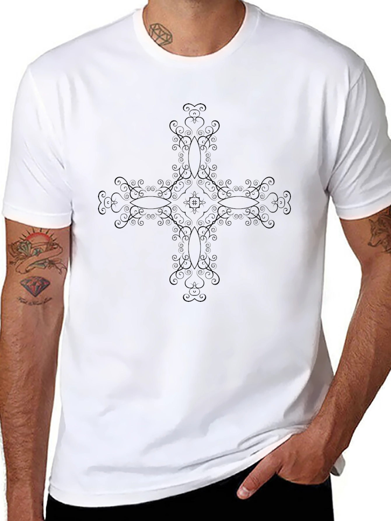 Elegant Cross Design Black T-Shirt