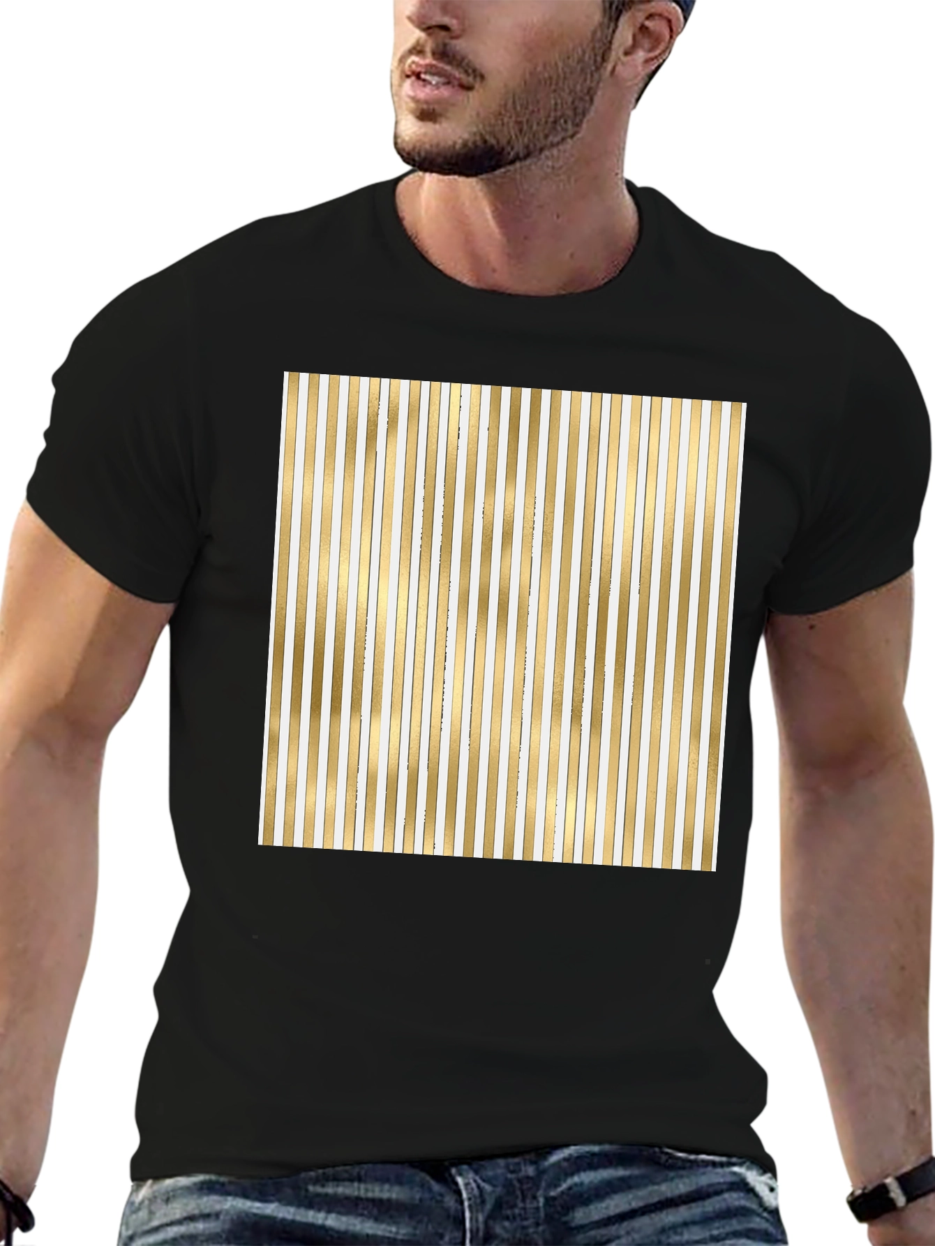 Striped Gold & White Graphic Tee - Modern Design