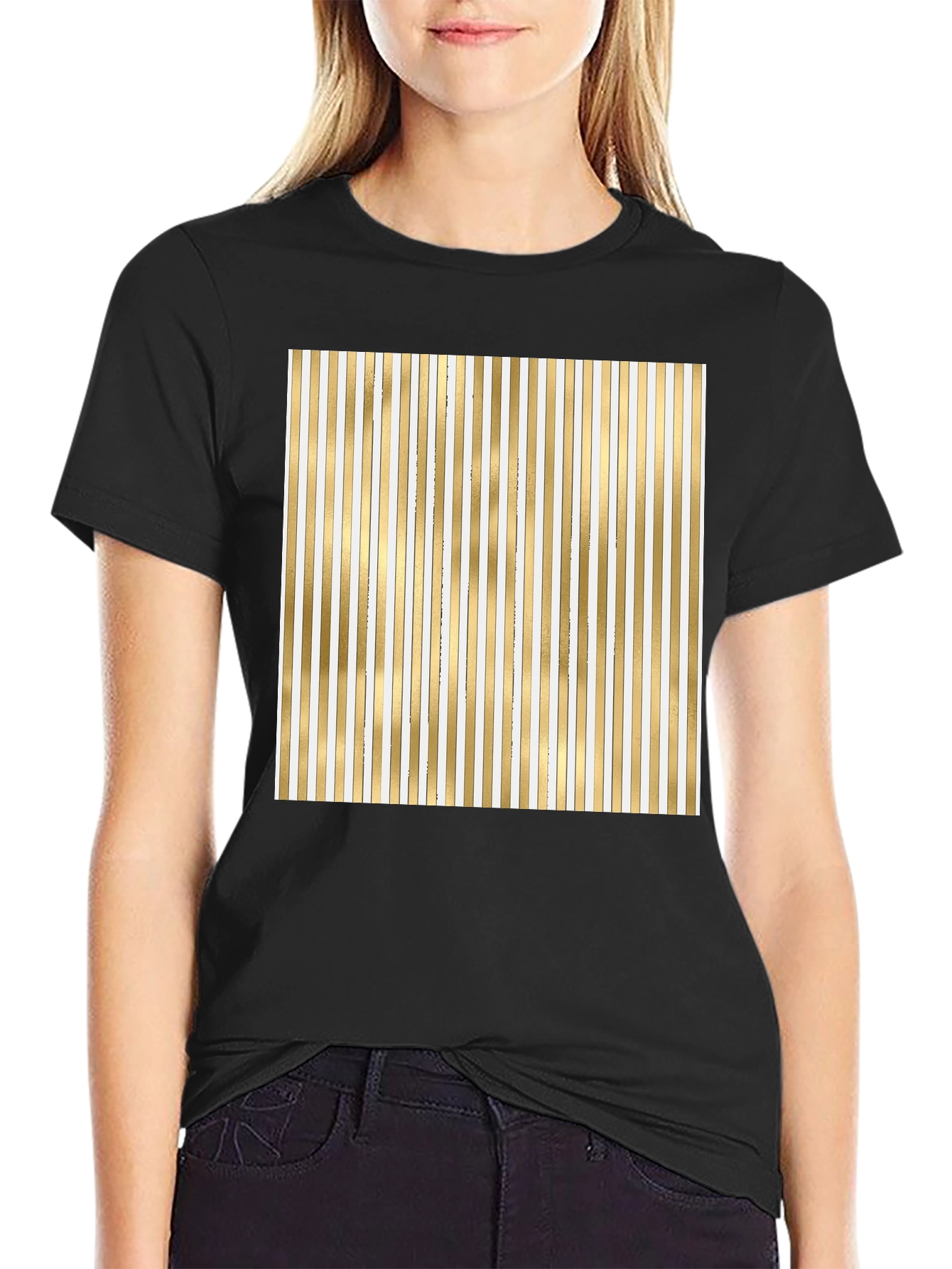 Striped Gold & White Graphic Tee - Modern Design