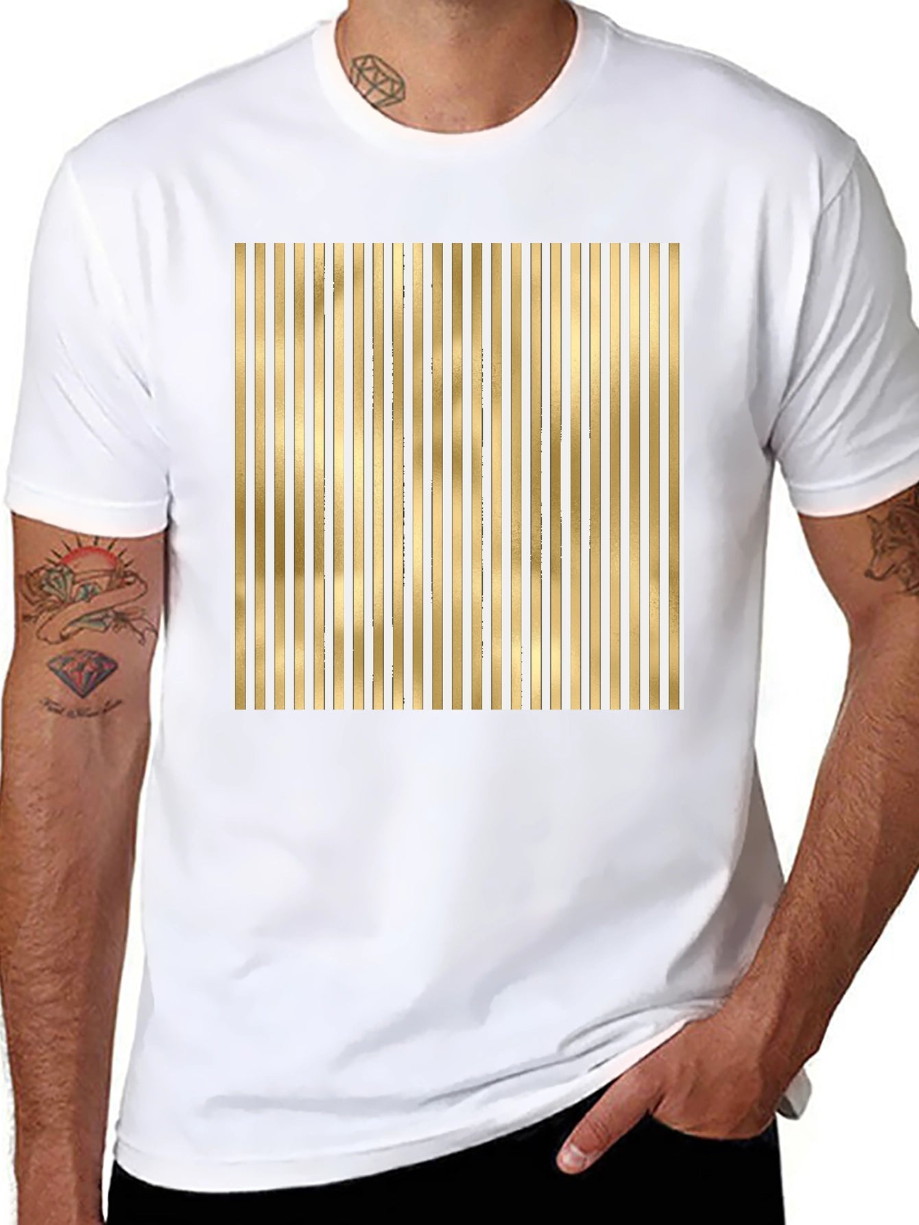 Striped Gold & White Graphic Tee - Modern Design