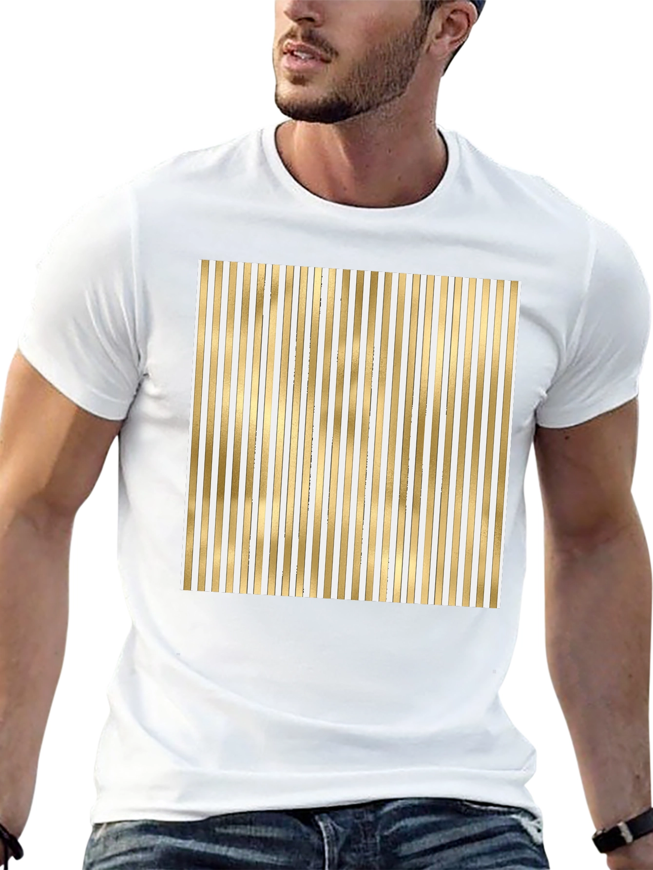 Striped Gold & White Graphic Tee - Modern Design