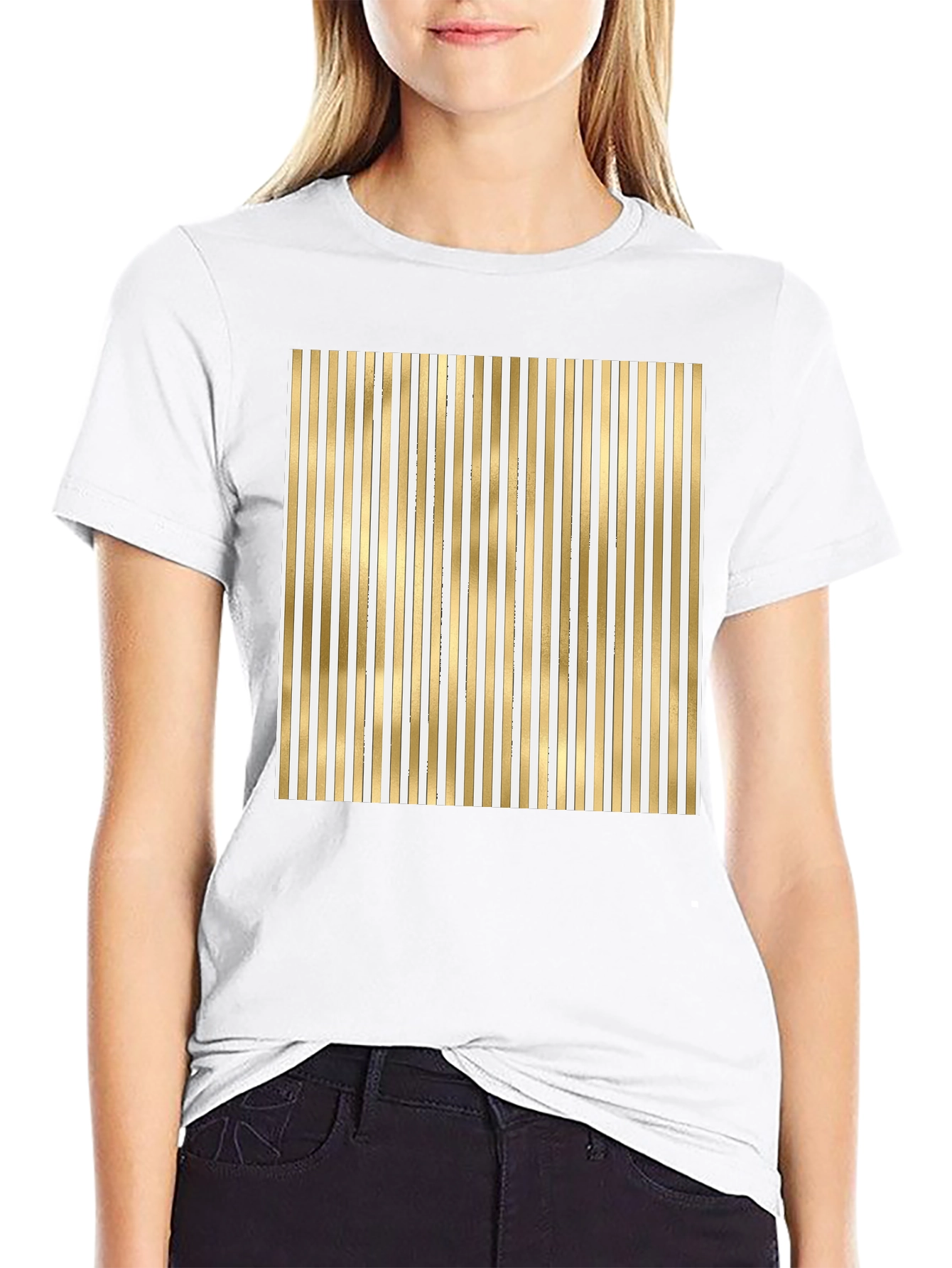 Striped Gold & White Graphic Tee - Modern Design