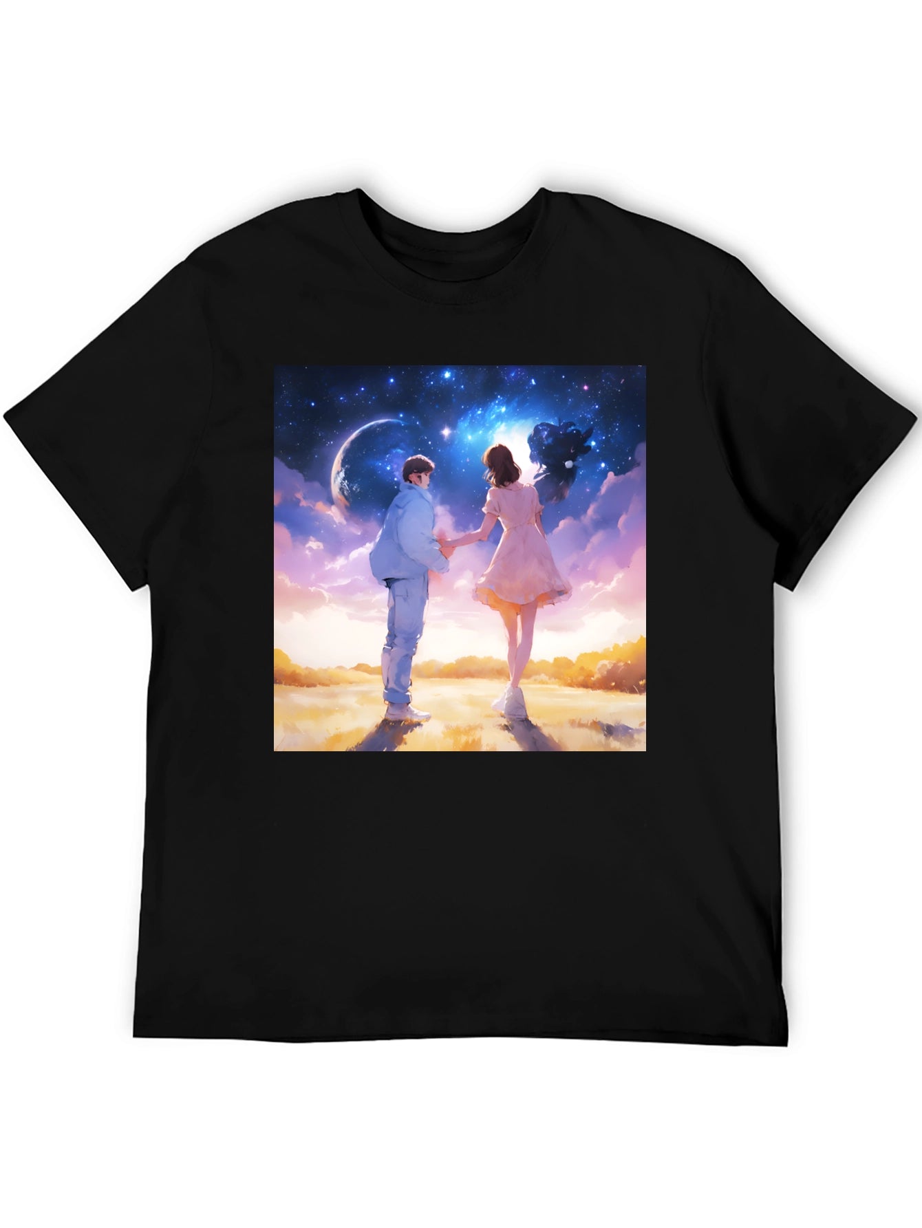 Romantic Couple Galaxy Graphic Tee - Black