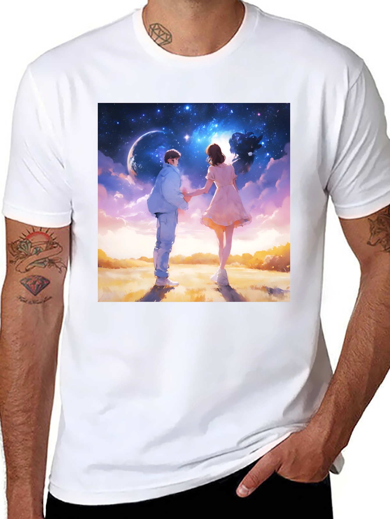 Romantic Couple Galaxy Graphic Tee - Black