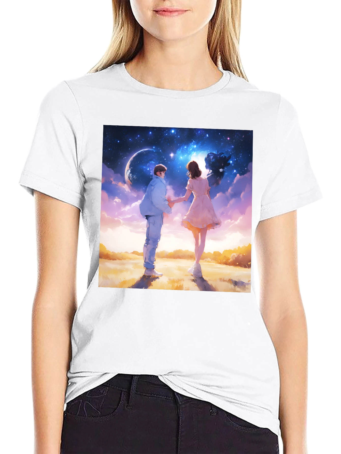 Romantic Couple Galaxy Graphic Tee - Black