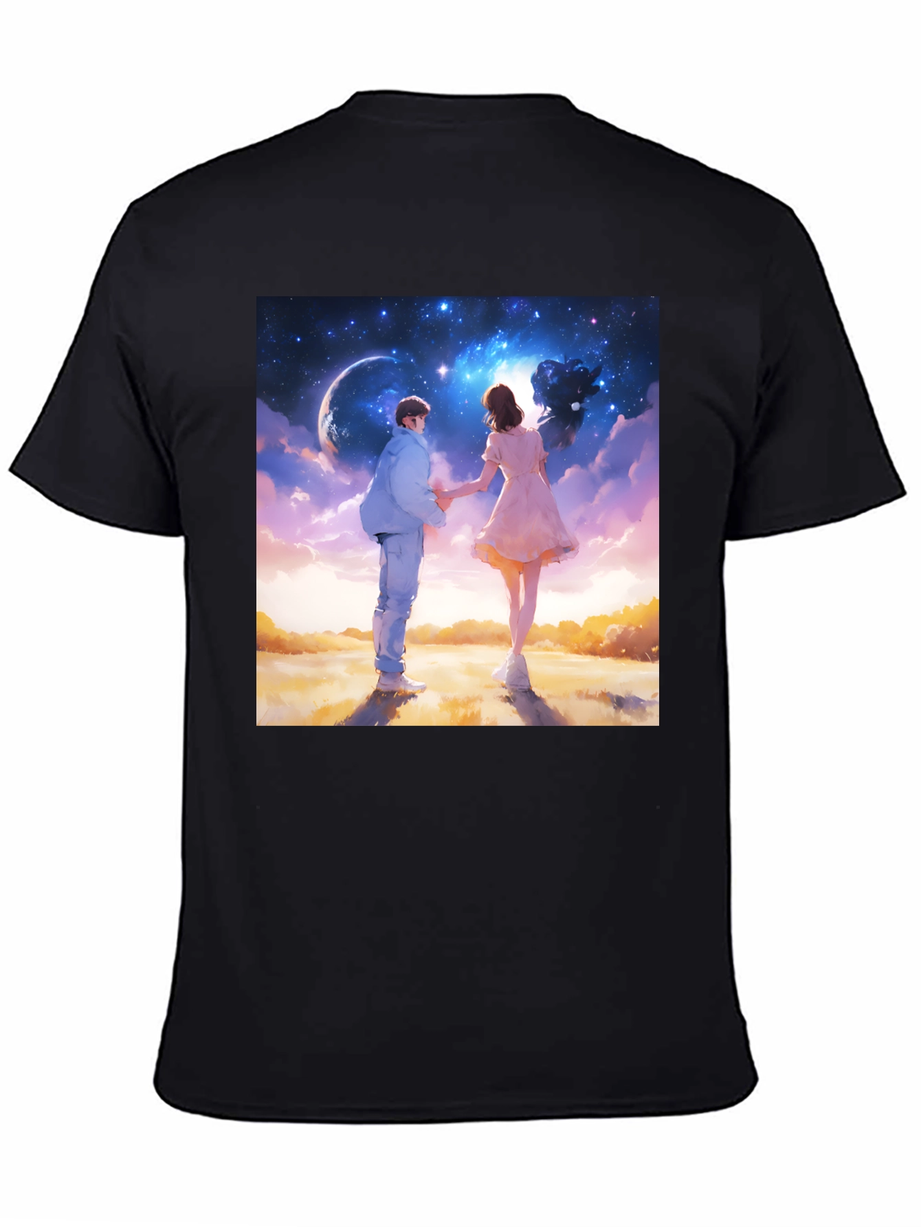 Romantic Couple Galaxy Graphic Tee - Black