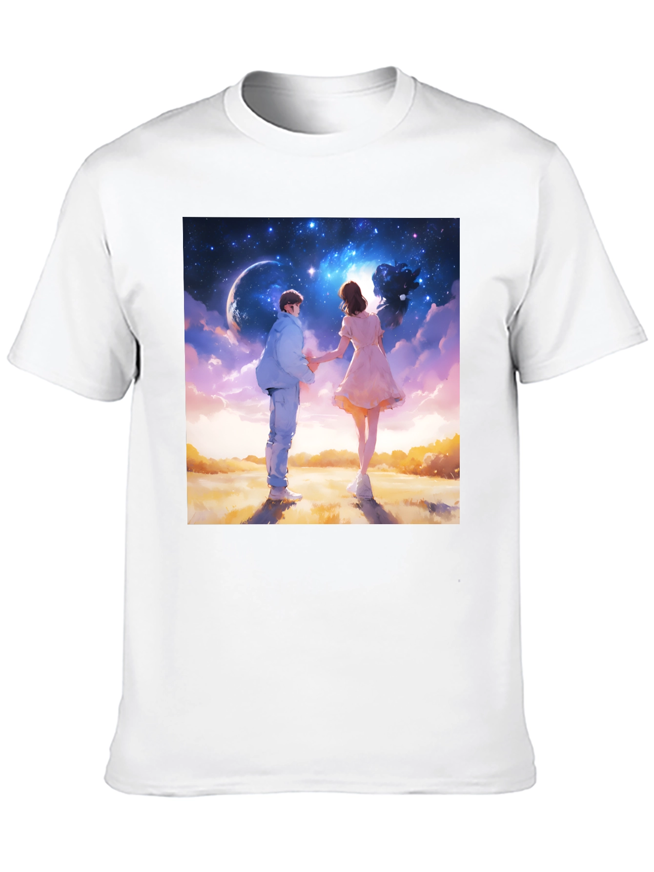 Romantic Couple Galaxy Graphic Tee - Black
