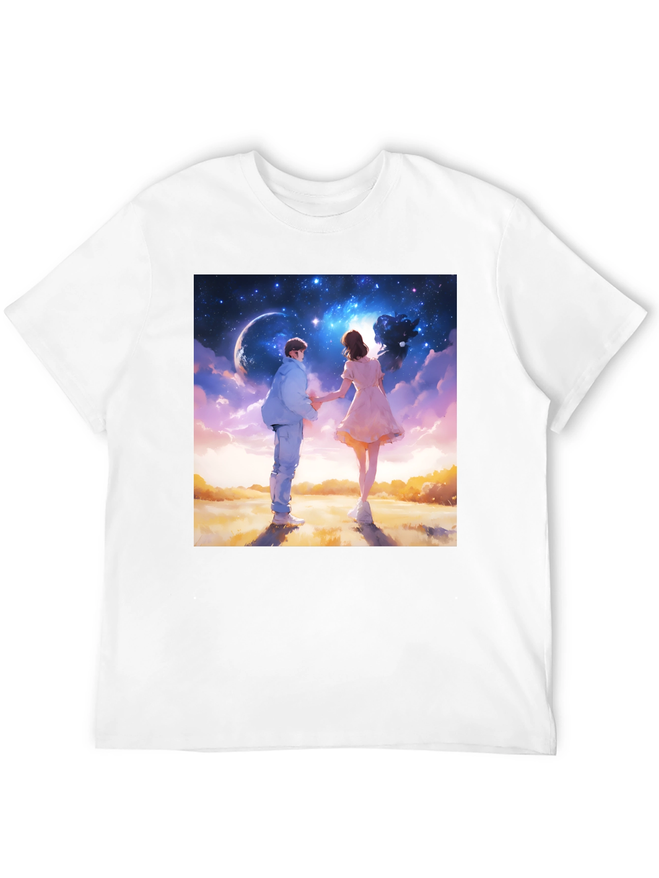 Romantic Couple Galaxy Graphic Tee - Black